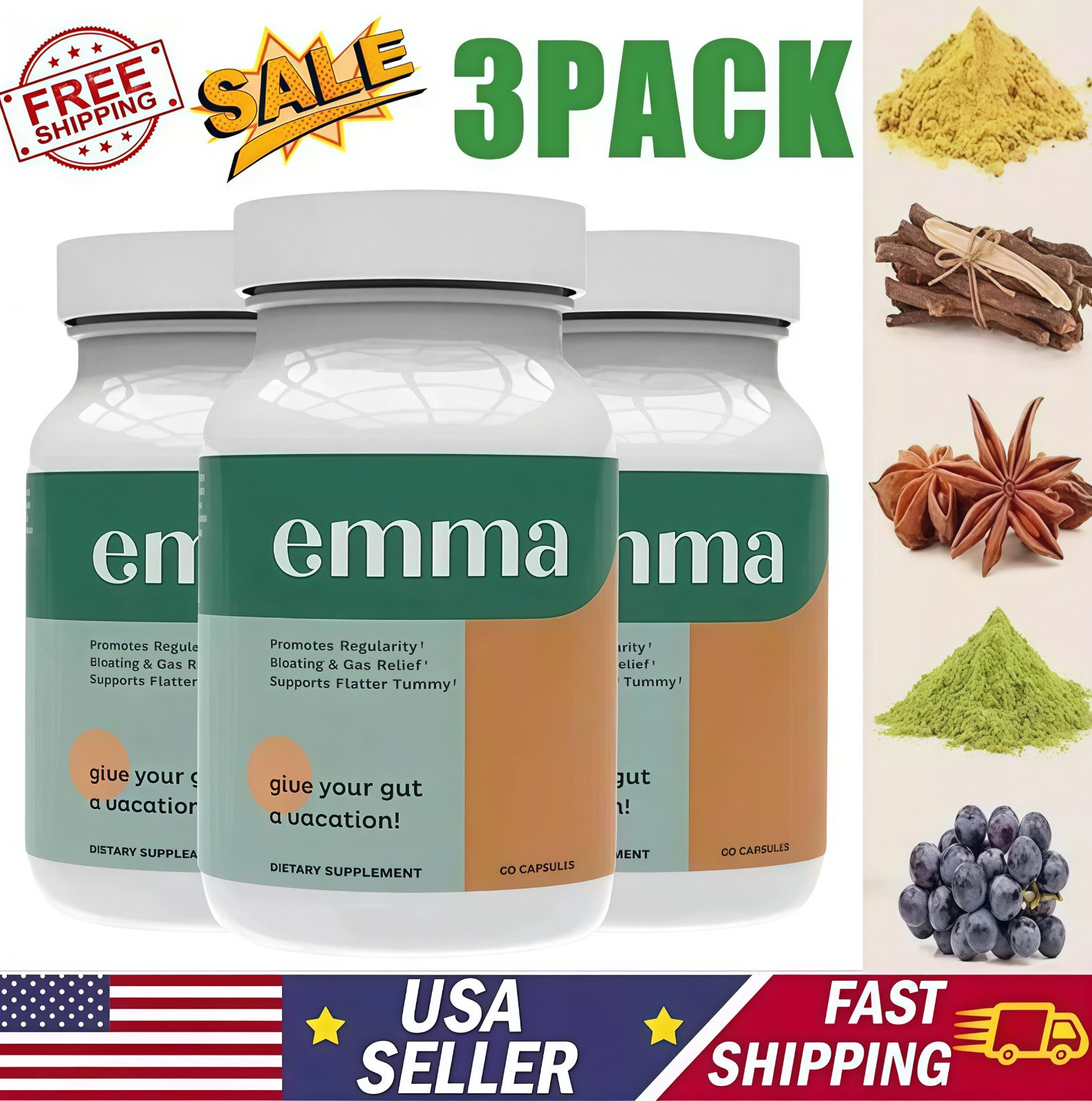 3 Pack Emma Gut Health Supplement 180 Capsules for Bloating Relief & Leaky Gut
