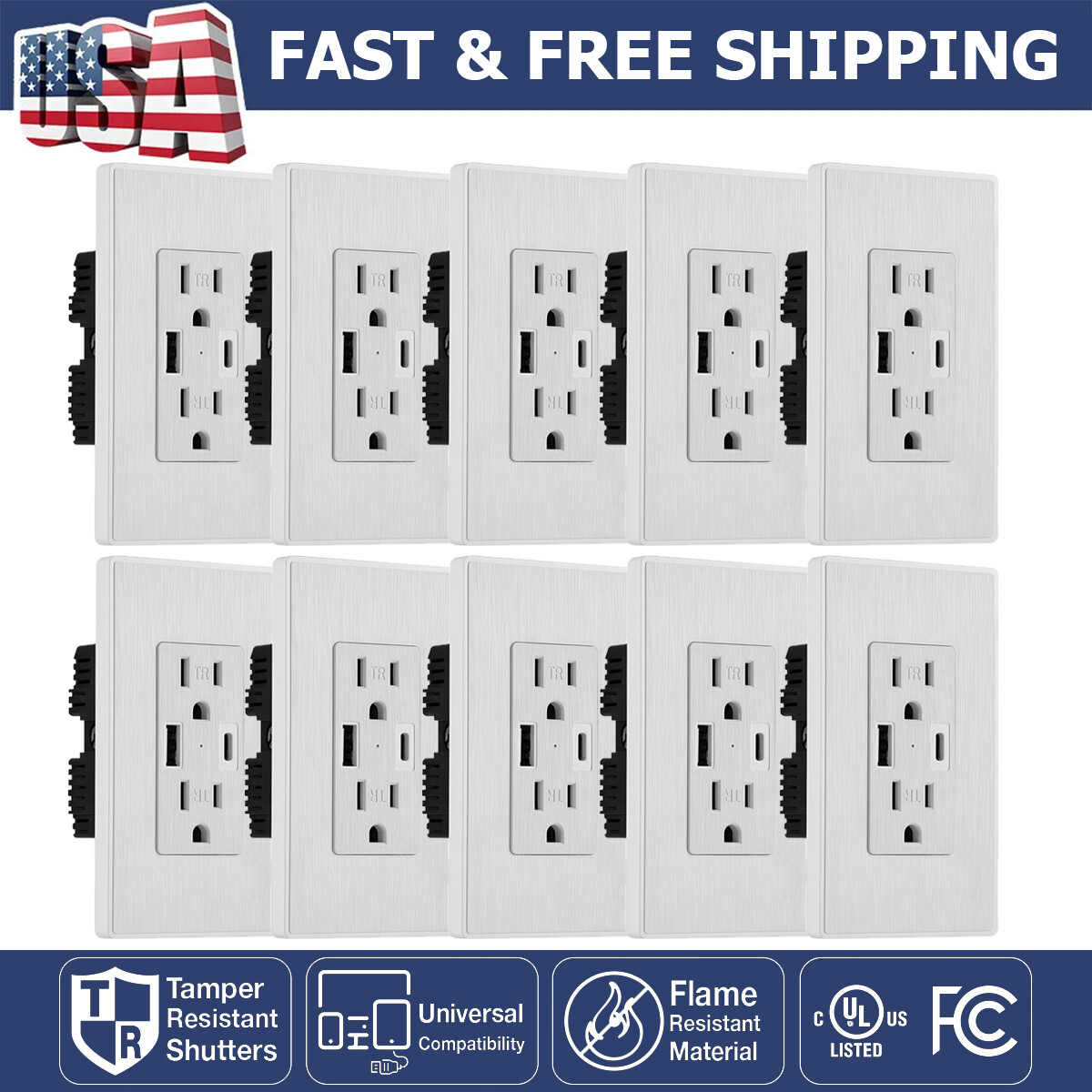 USB Wall Outlet with Type C Ports Charger AC Power Receptacle Panel 15A 125V