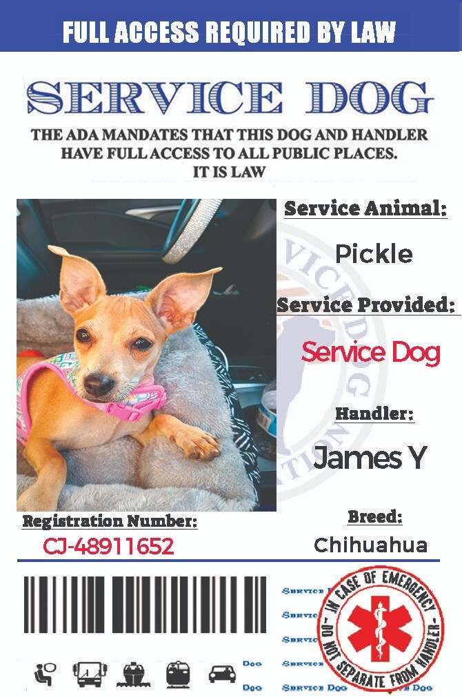Service Dog Card ID Assistance Animal Badge ADA ESA with Barcode