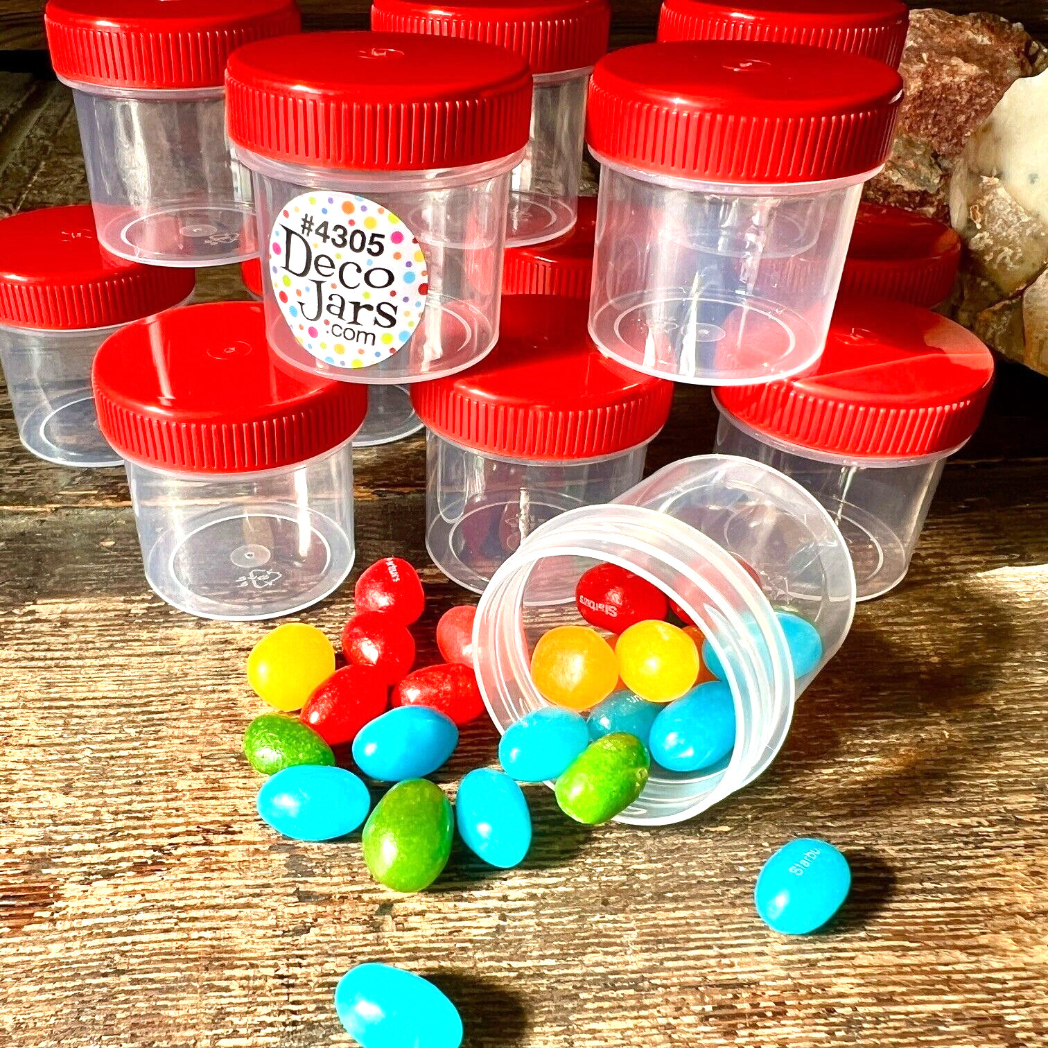 100 Clear Plastic Screw Jars Red Caps Containers 1 ounce 4305 USA Reusable