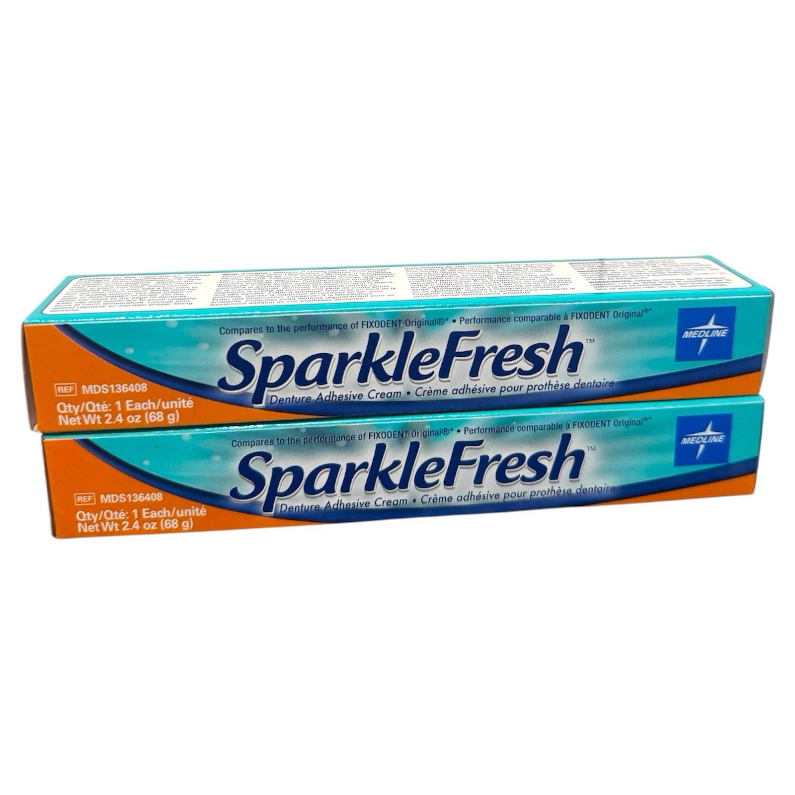 Lot of 2 Tubes Medline SparkleFresh Denture Adhesive Cream, 2.4 oz/tube New
