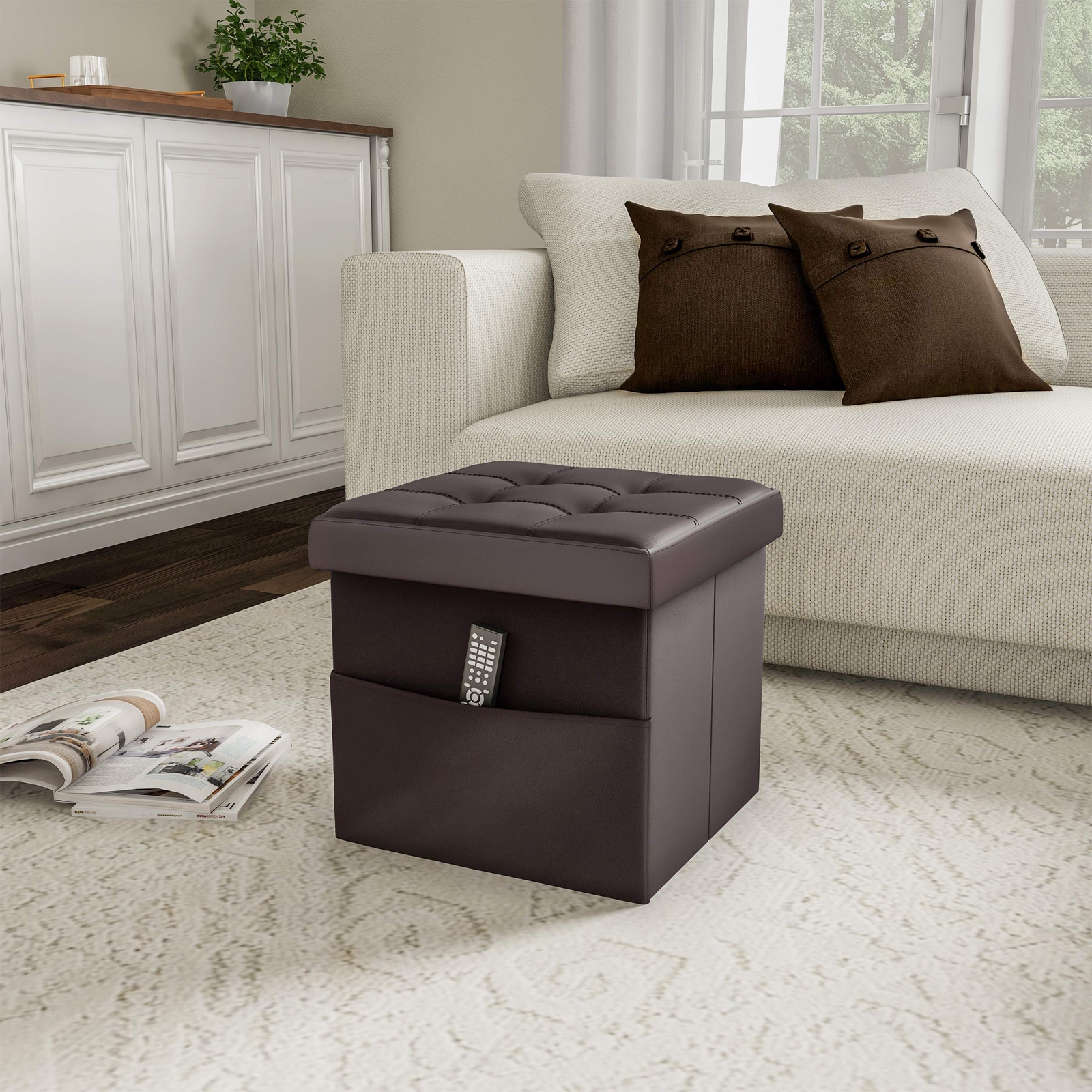 Foldable Storage Cube Ottoman With Pocket “ Tufted Faux Leather Footrest Organiz