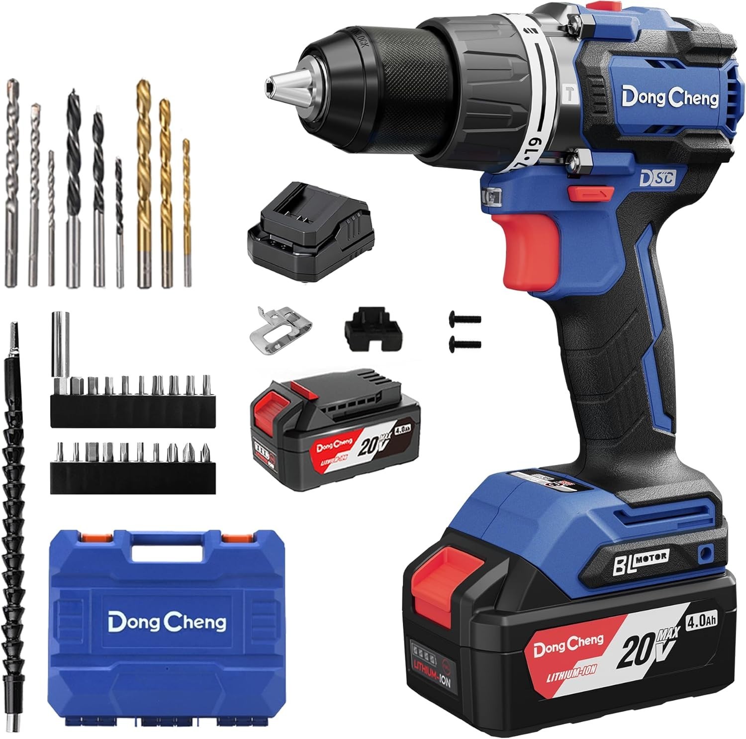 Dong Cheng 20V Brushless Hammer Drill, 1065 in-lbs, 1/2" Keyless Metal Blue