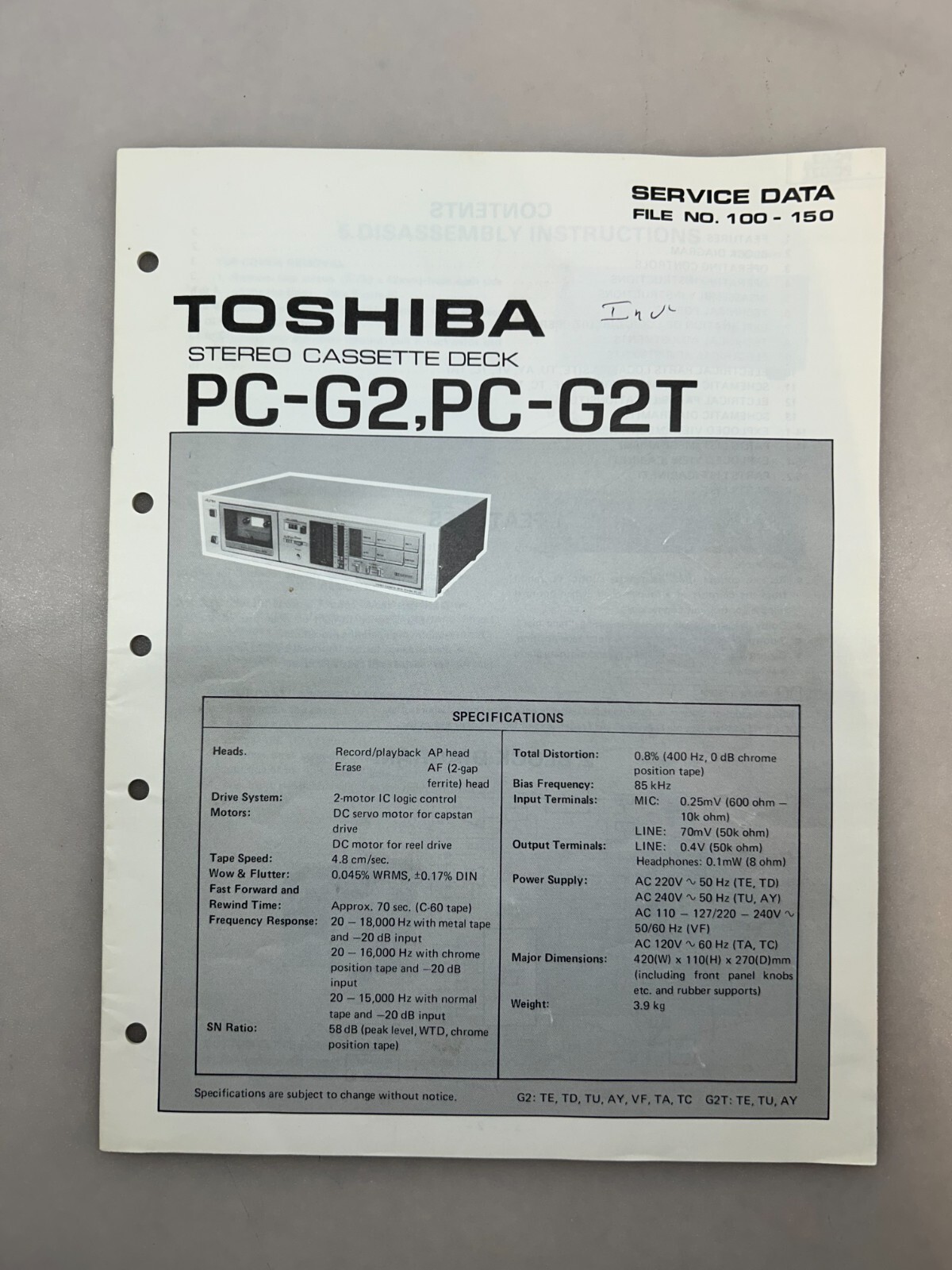 Toshiba PC-G2 Original Service Manual Free Shipping