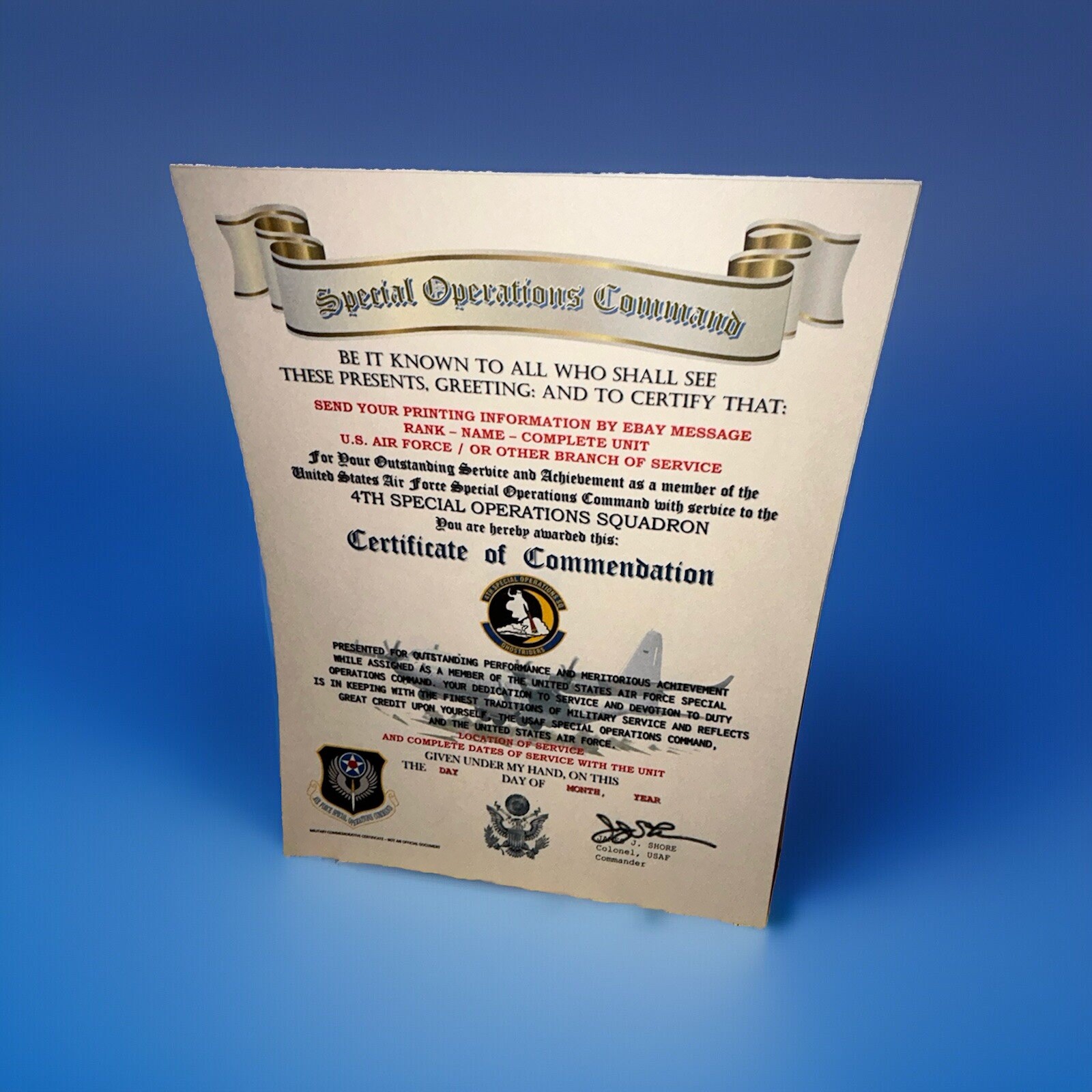 U.S.A.F. / SPC OPS - 4TH SPECIAL OPERATIONS SQUADRON CERTIFICATE OF COMMENDATION