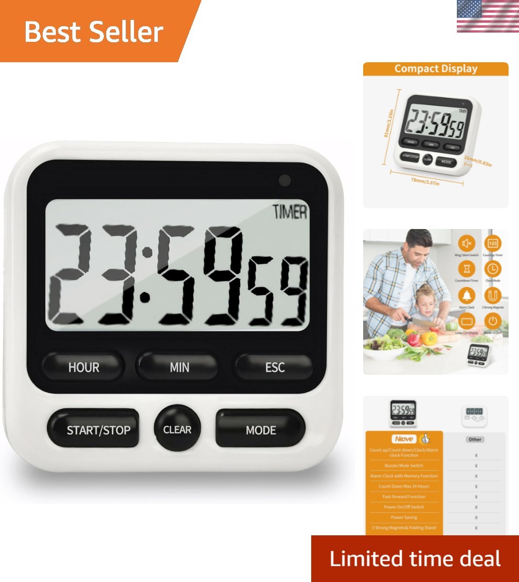Digital Kitchen Timer 24 Hour Clock and Alarm Function with Silent or Alarm M...
