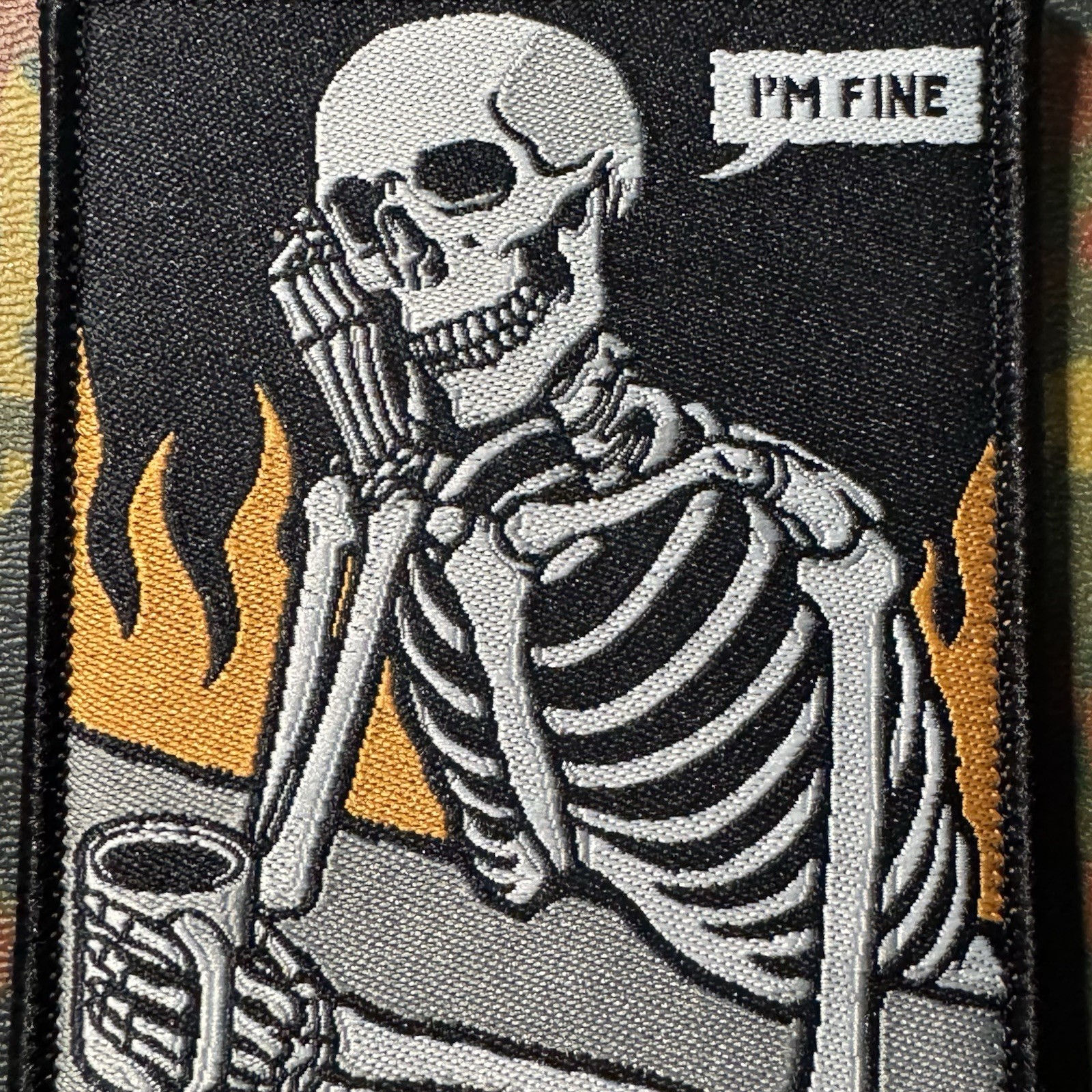 🔥💀☕️ I’M FINE SKELETON MEME Woven Patch Hook/Loop Back FUNNY INTERNET COFFEE