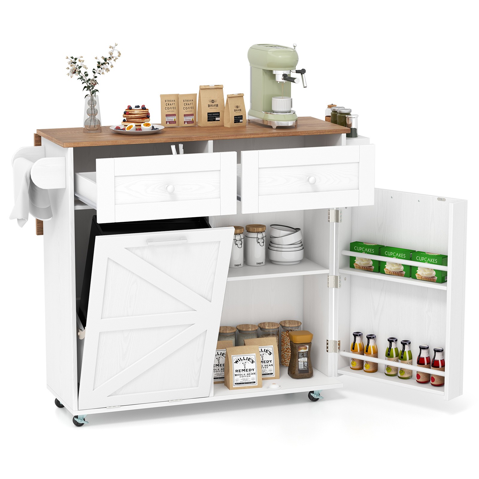 Rolling Kitchen Island Kitchen Island Cart with Drop Leaf Trash Can Cabinet