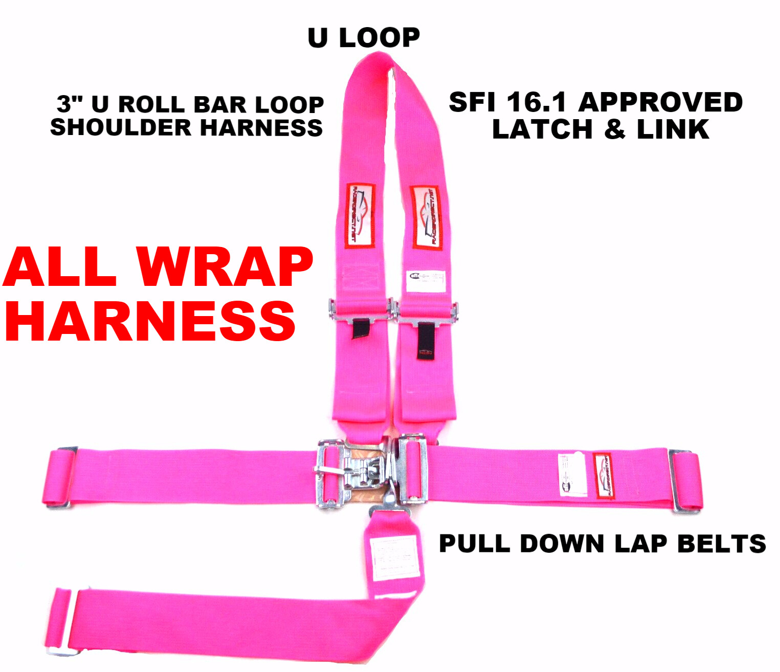 HOT PINK BLACK SAFETY HARNESS SFI 16.1 RACING 5 POINT U LOOP ROLL BAR 3" LATCH