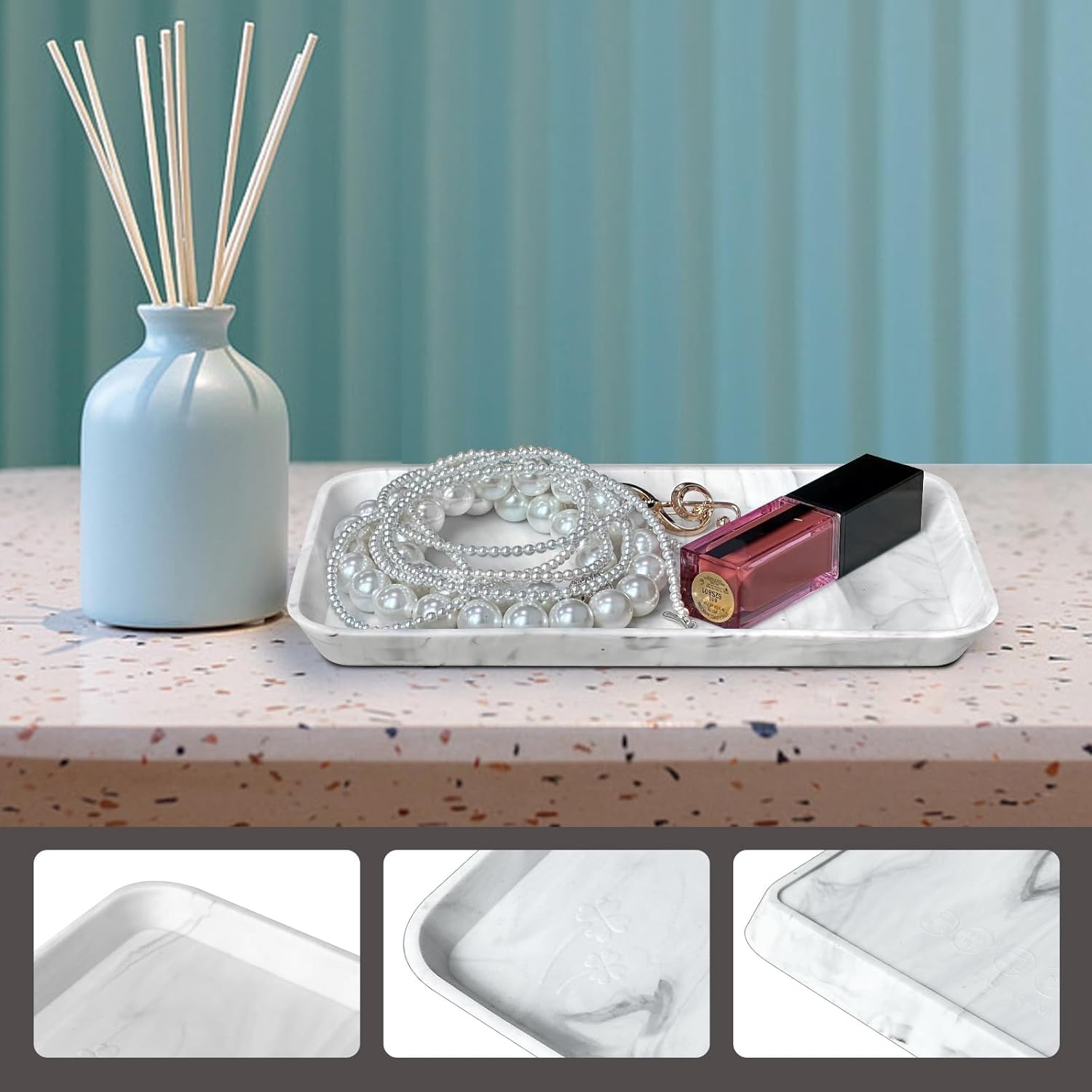 2 Pcs Countertop Vanity Tray, Bathroom Silicone Shatterproof Marble