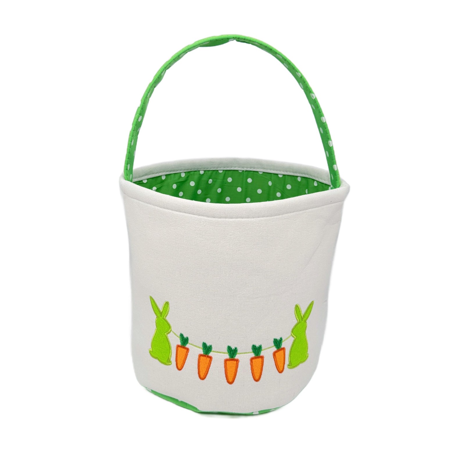 Easter Basket, White Canvas with Bunny and Carrot Design, 9 Inch Diameter, Po...