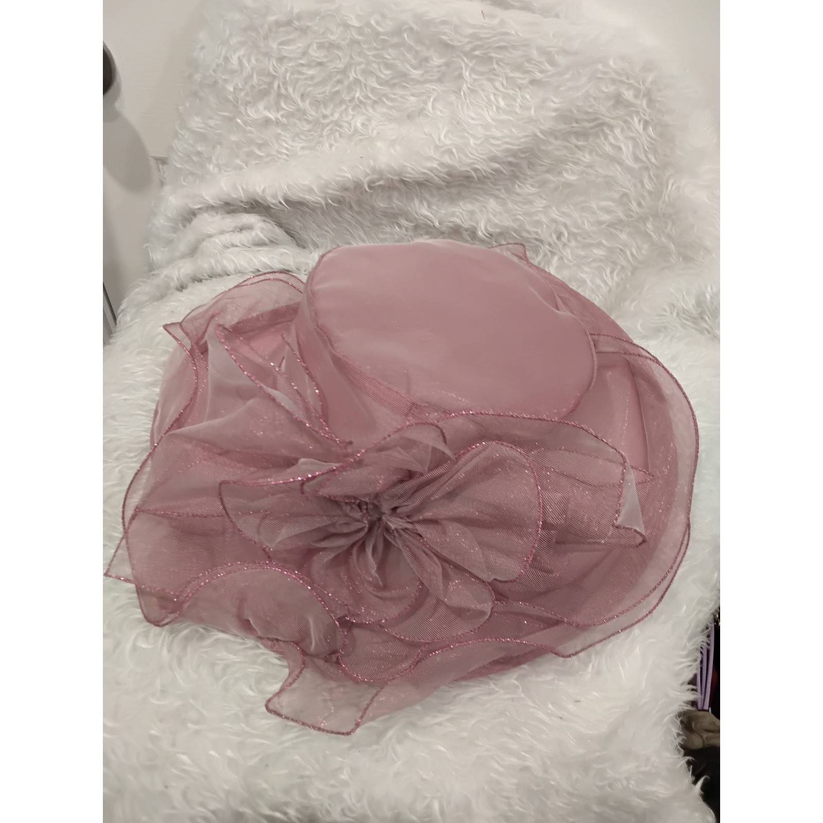 Womens Mauve Pink Organza Church Hat Wide Brim Ruffle Floral Kentucky Derby Tea