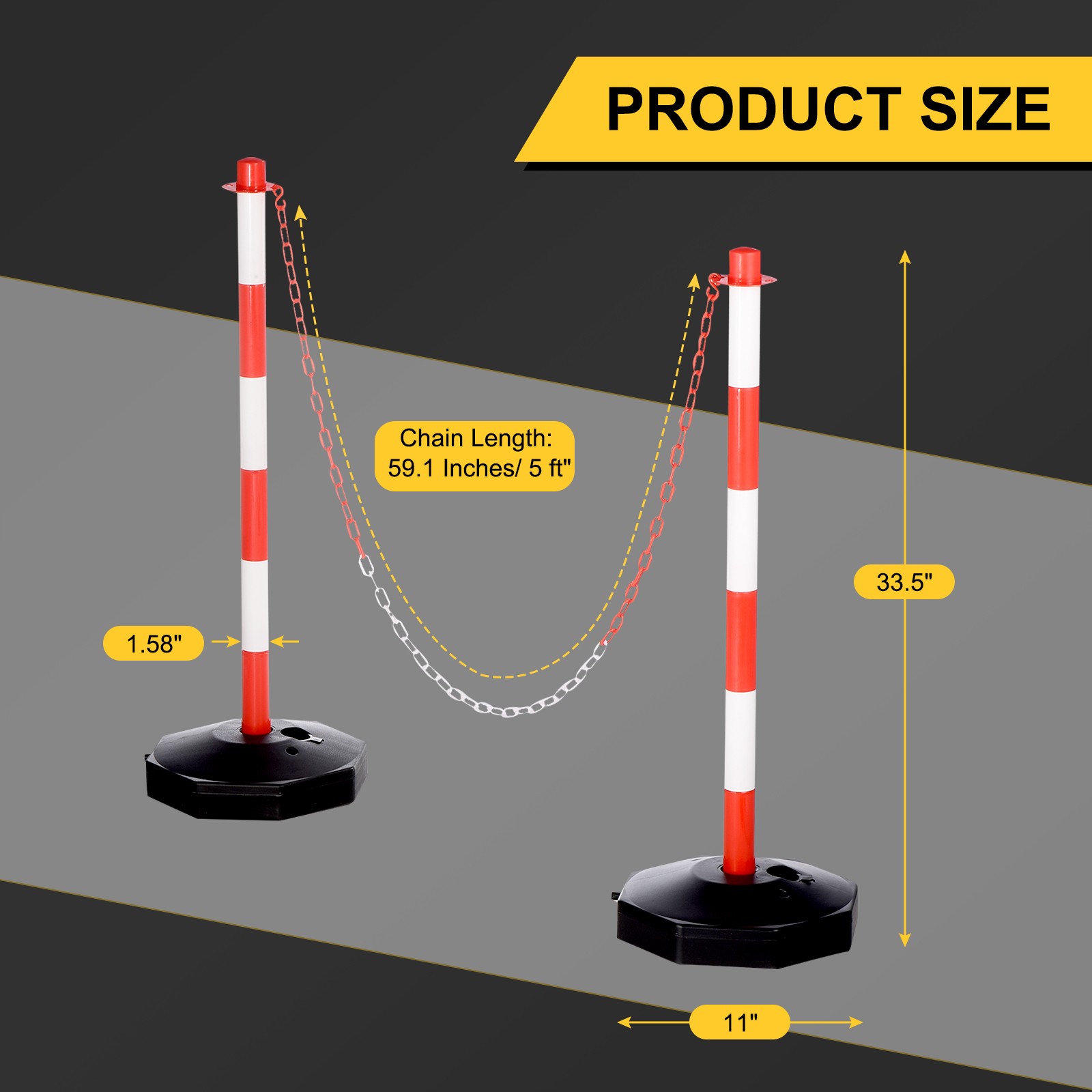 2Pcs Traffic Delineator Post Fillable Base 5ft Plastic Chain Red/White