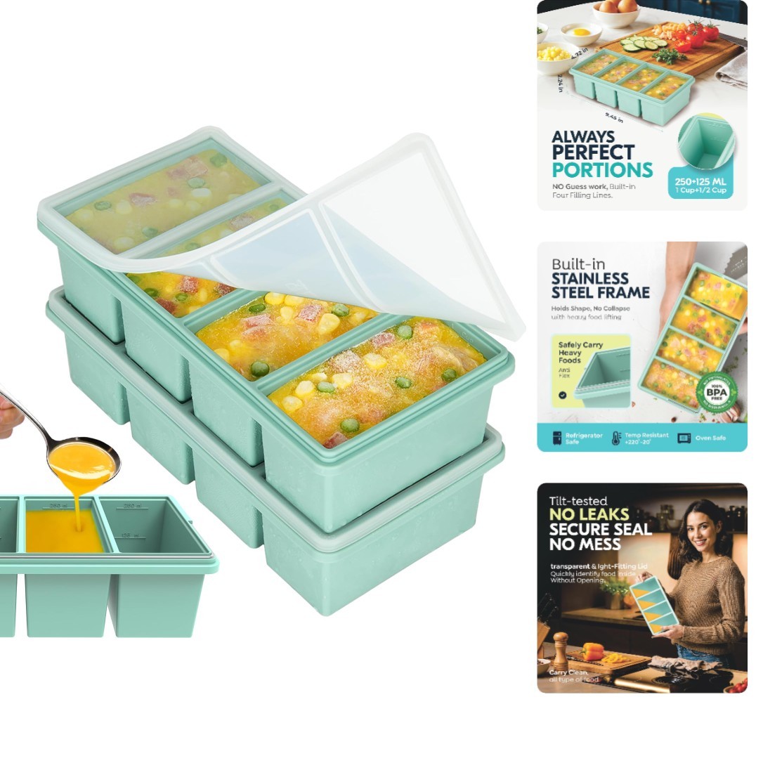 Silicone Freezer Trays with Lids, 1-Cup Soup Container Style Ice Cube Trays f...