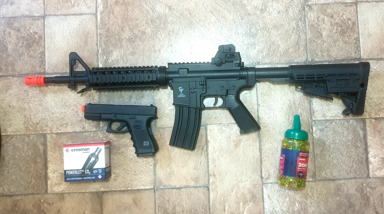 airsoft gun combo. Umarex Glock Co2 semi-auto pistol and a Elite Reneg AR rifle