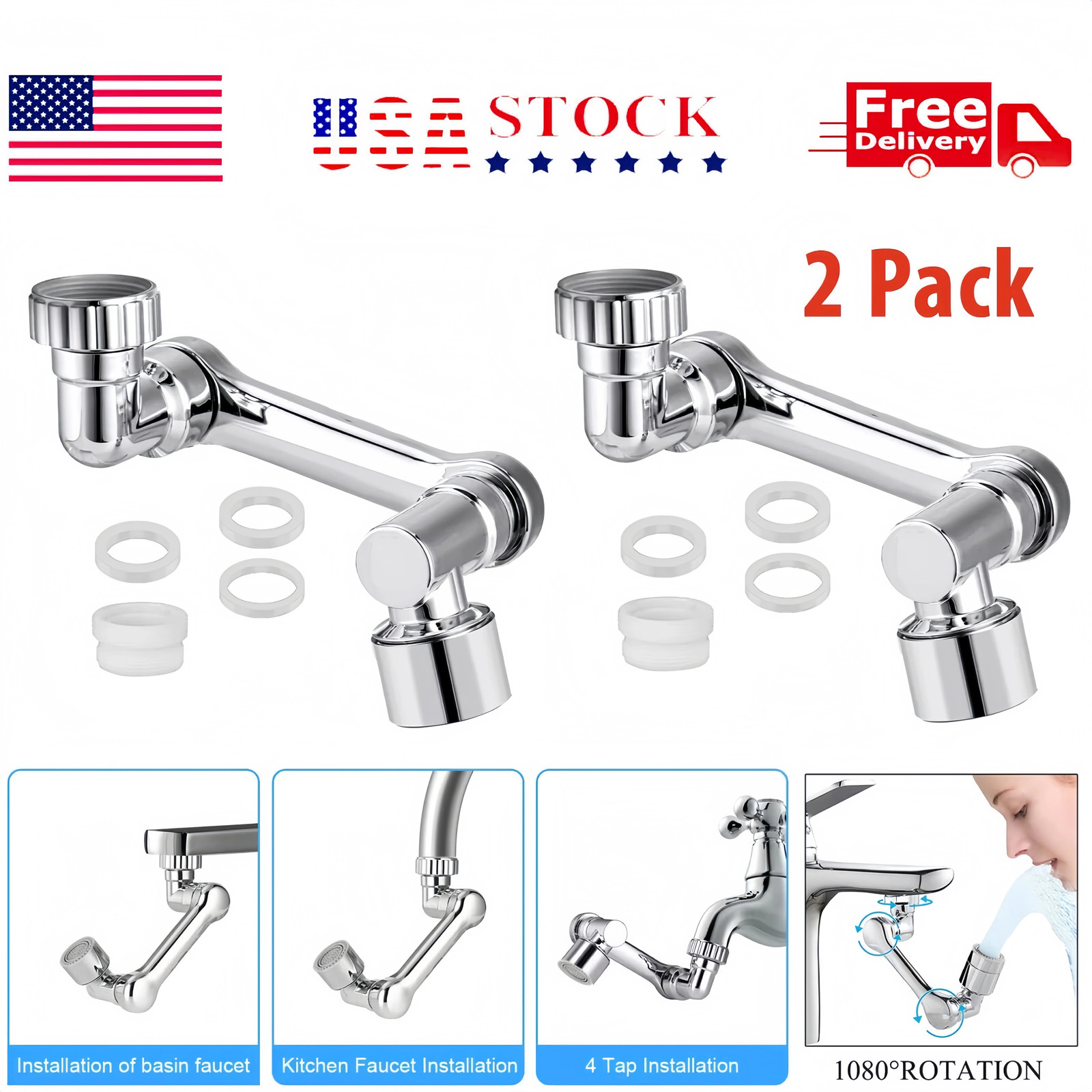 2 Pack Universal 1080° Swivel Robotic Arm Swivel Extension Abs Faucet Aerator US