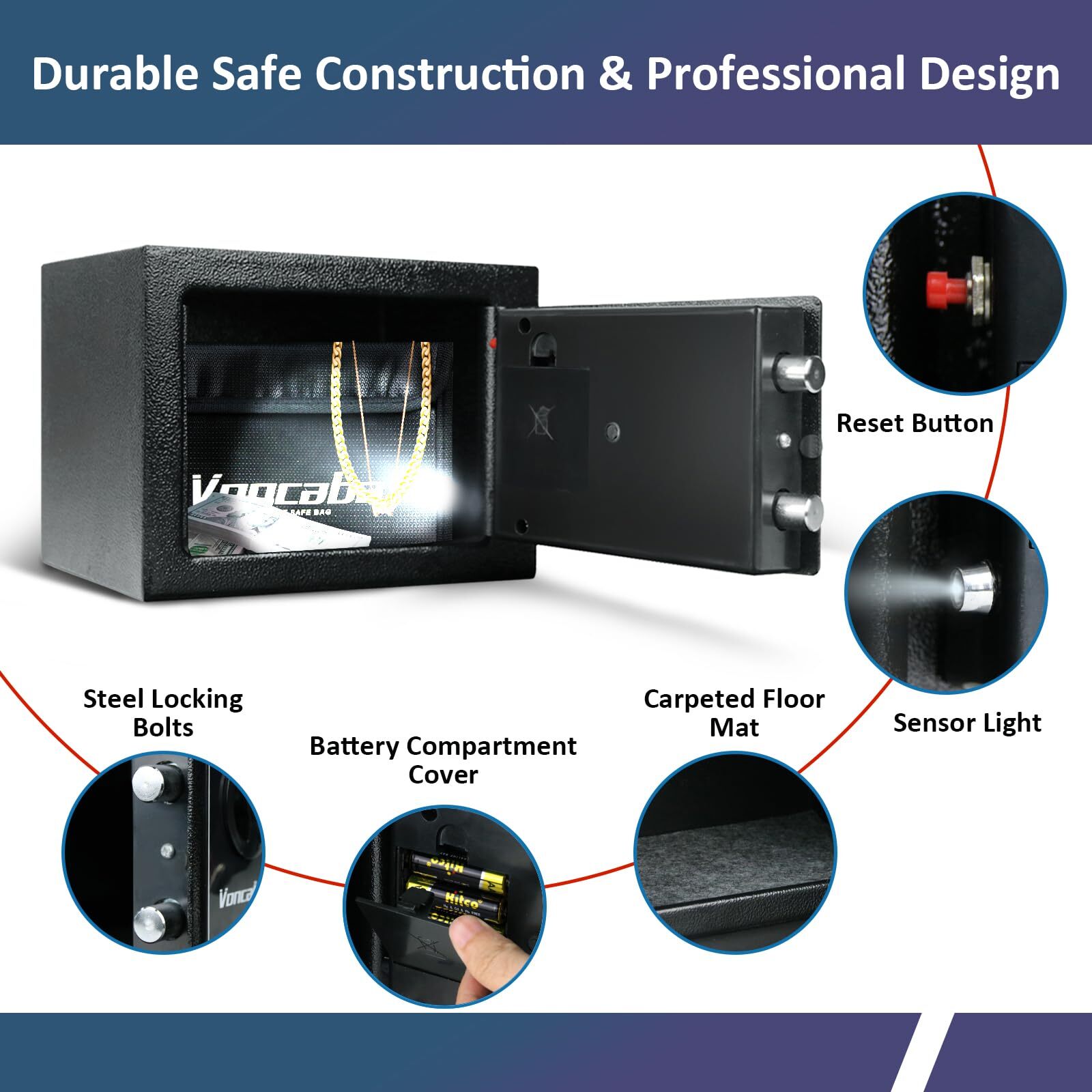 Fireproof Money Safe Box with Sensor Light Key & Passcode Lock Digital Keypad
