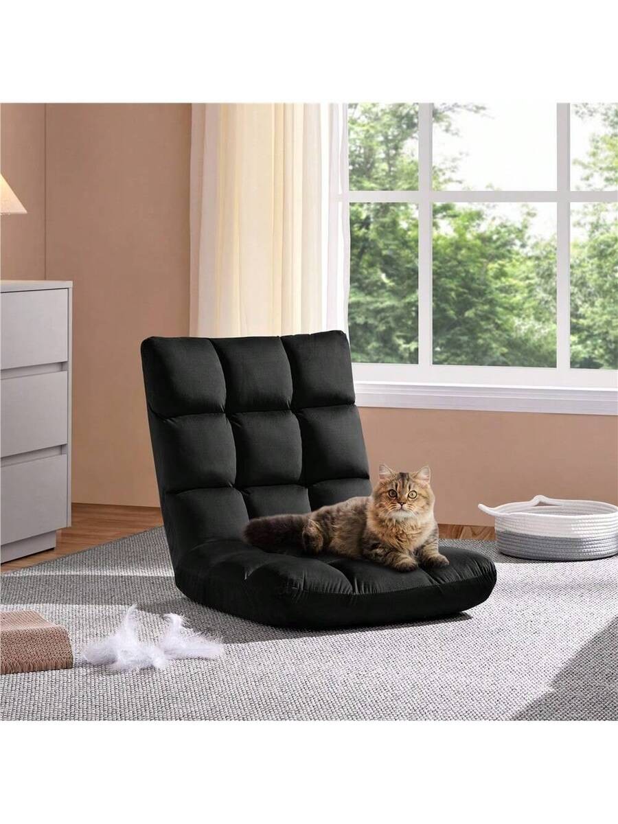 1 piece portable folding velvet floor sofa recliner 5.5 inch foam mat, black