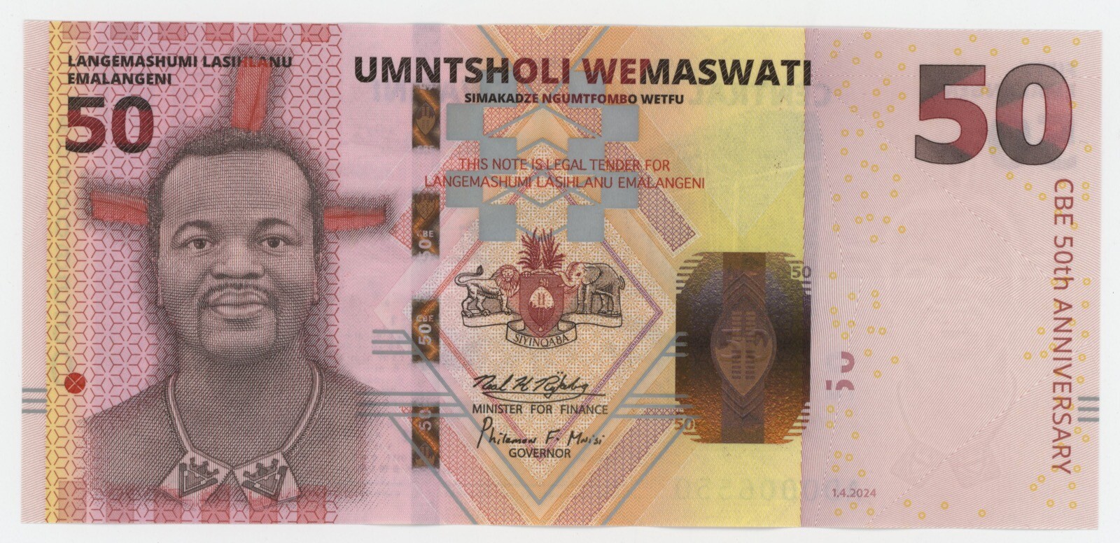 Eswatini 50 Emalangeni 2024 P 46 UNC Uncirculated Banknote 50th Ann. Replacement