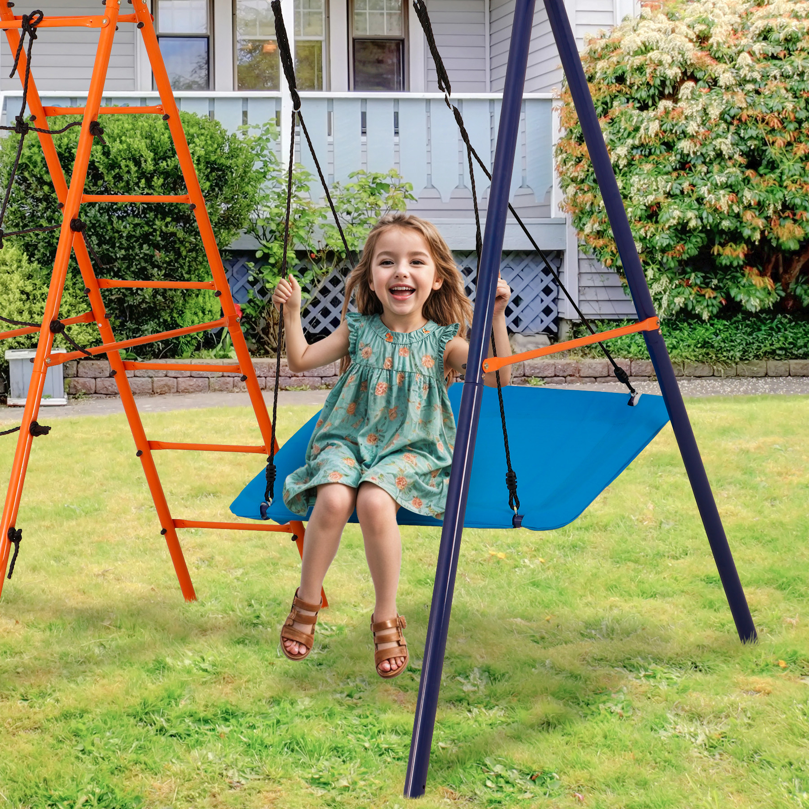 6 in 1 Swing Set Outdoor Kids Play Ground with Safety Frame for Backyard Park