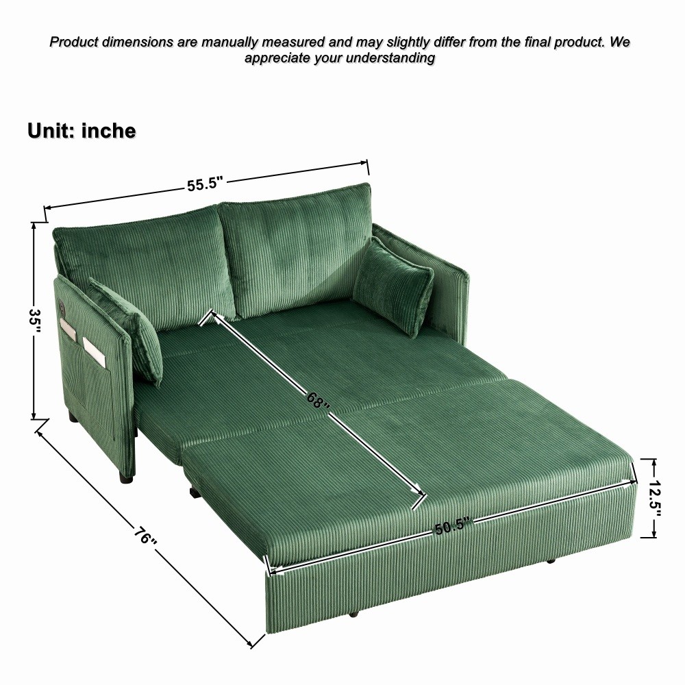 55" Convertible Sofa Bed w/ USB Ports, Corduroy Upholstery, Green