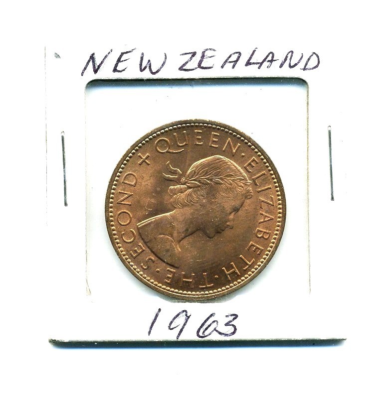 1963 New Zealand 1 Penny Coin Queen Elizabeth II & Tui Bird