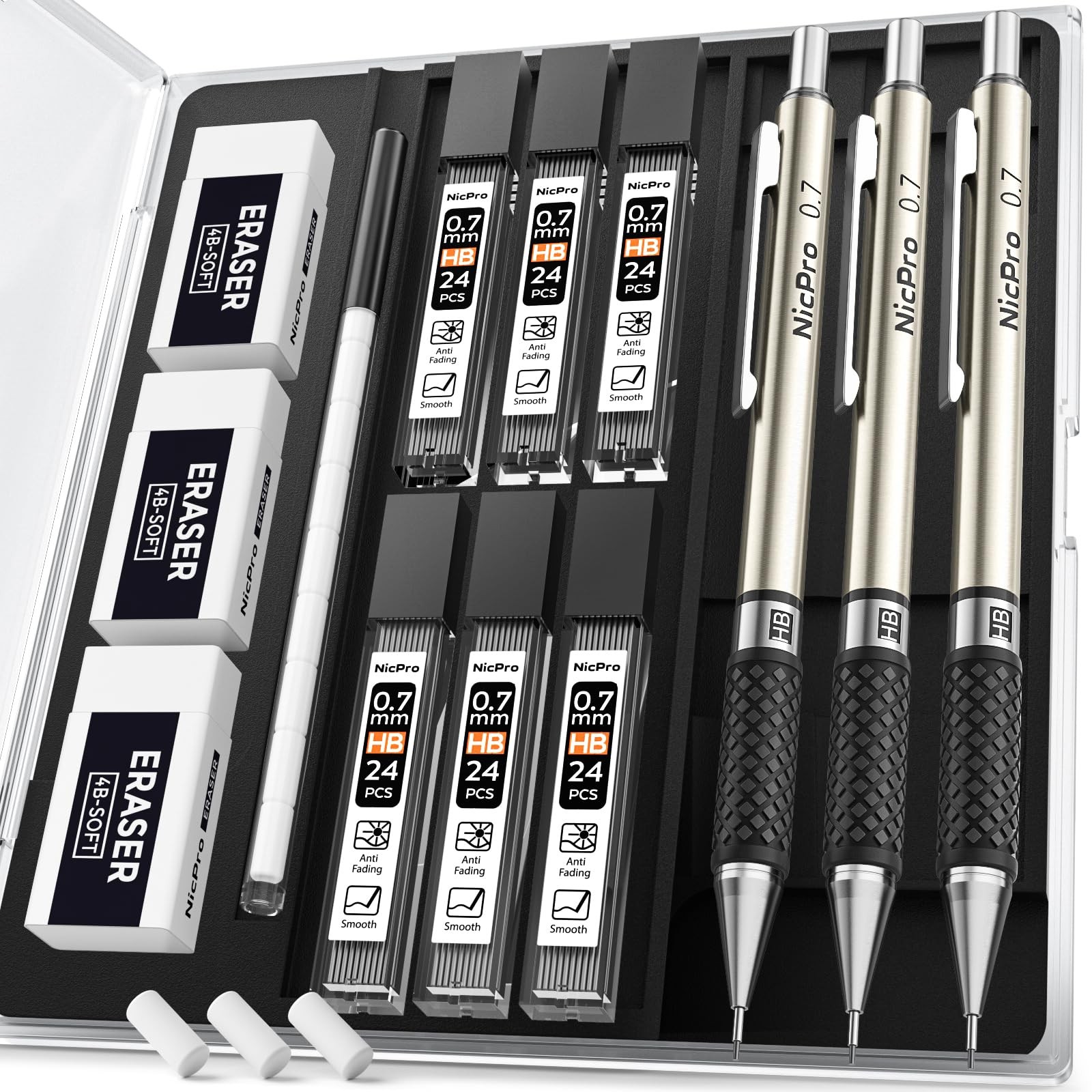 Nicpro 0.7 mm Art Mechanical Pencil Set in Storage Case, 3 PCS Metal Drafting Pe