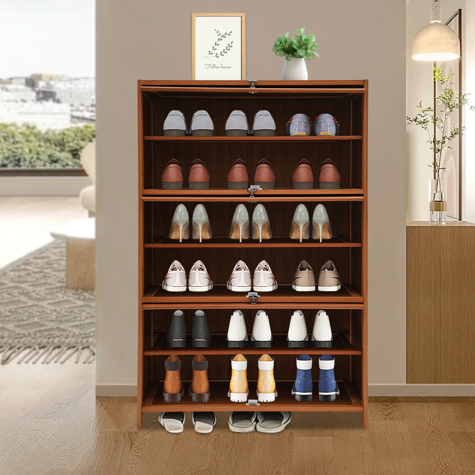 32" 6-Tier Shoe Organizer Storage Cabinet Entryway Bamboo W/ 3 Flip-up Door