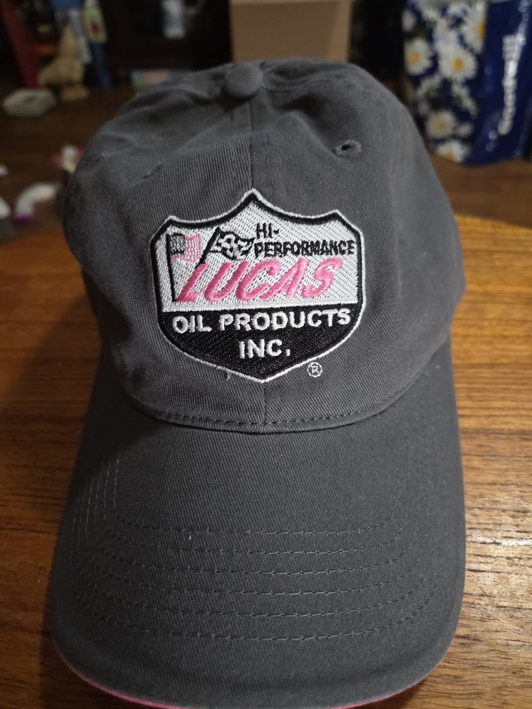 Vintage Lucas Oil Hi Performance  Adjustable Hat. Pink/Grey.