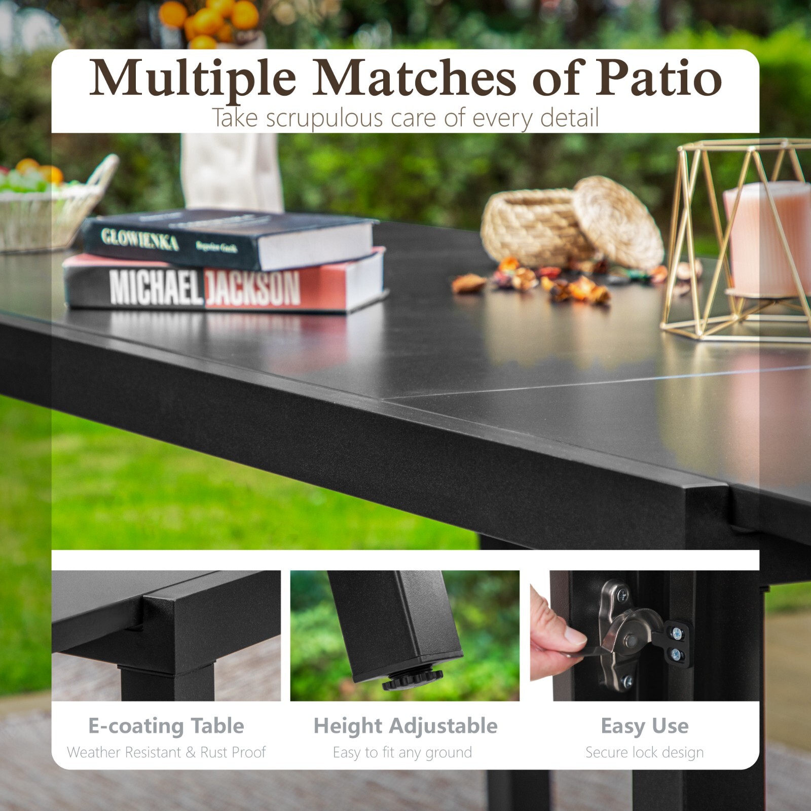 Expandable Patio Dining Table Metal Rectangular Outdoor Table for Garden Porch