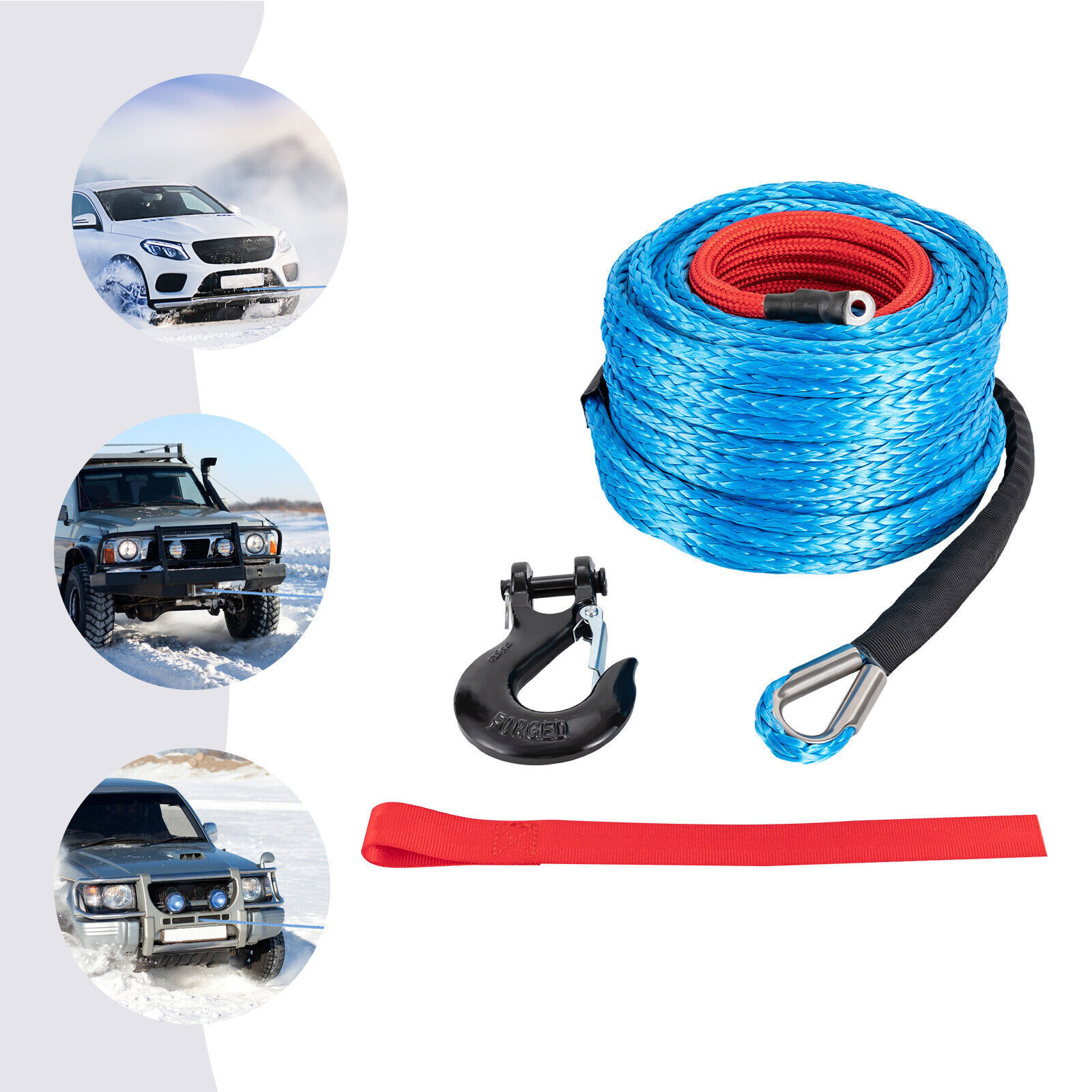 3/8x100' Synthetic Winch Rope w/ Hook Winch Cable w/Protective Sleeve New