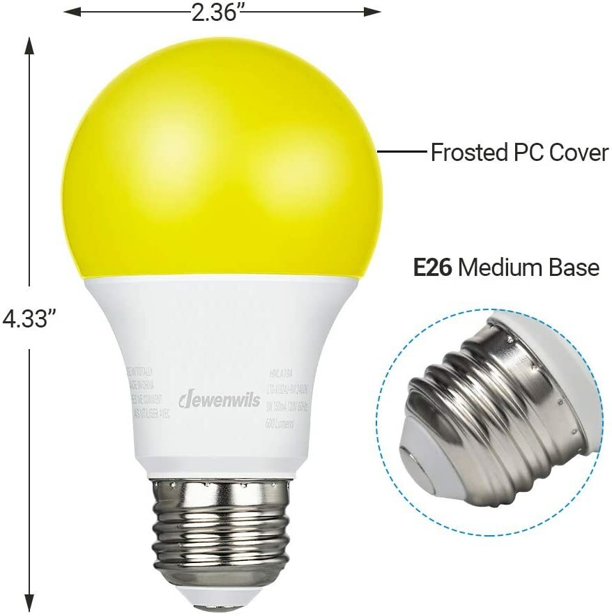 DEWENWILS LED Bug Light Bulbs Outdoor 4 Pack A19 Yellow Light Bulb 600LM E26