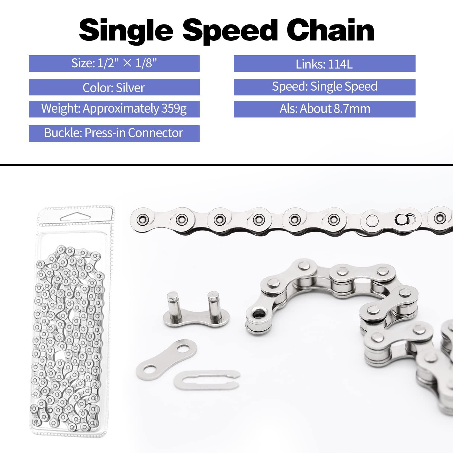 Easy Install Single Speed Bike Chain - Rust-Resistant 114 Links - Silver Finish