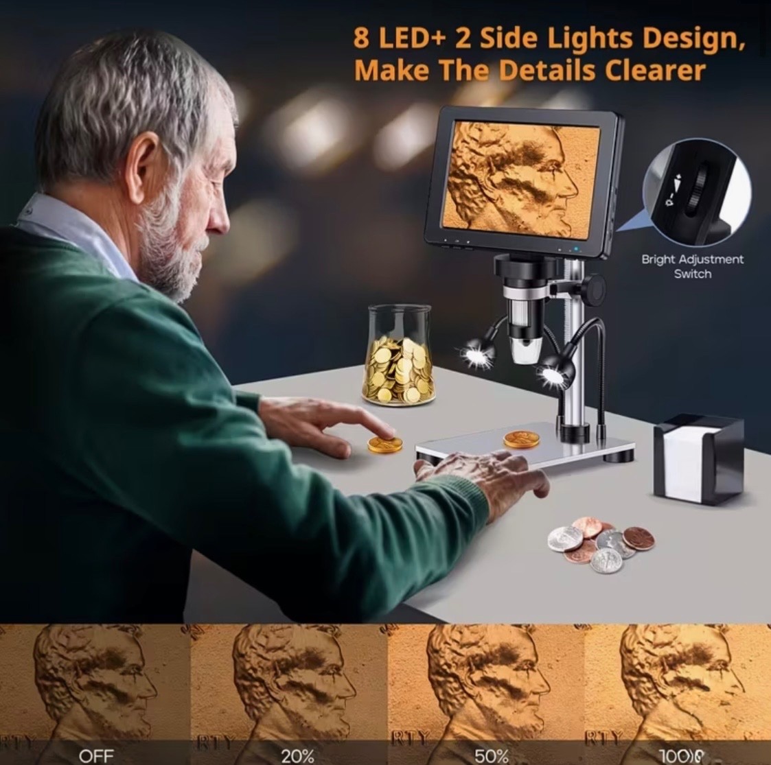 7" IPS Digital Microscope, 1200X Magnification for Coin View, PCB Circuit Repair