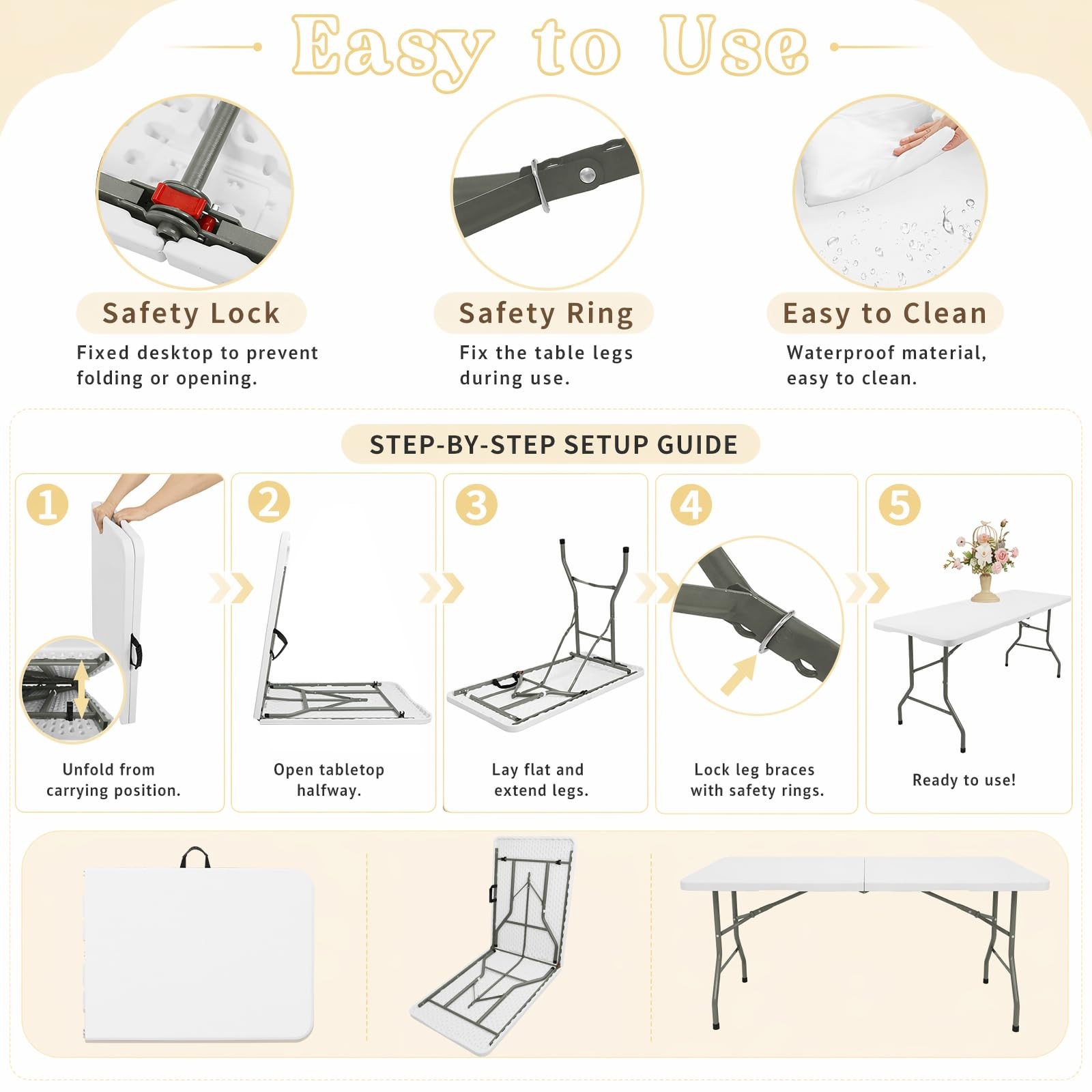 Best Folding Table 6 FT Lightweight Camping White Portable Plastic Rectangular