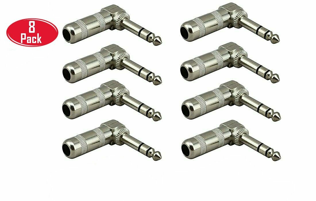 8 Pack 1/4" Right Angle TRS Stereo Audio Cable Plugs 6.35mm Connector Adapter
