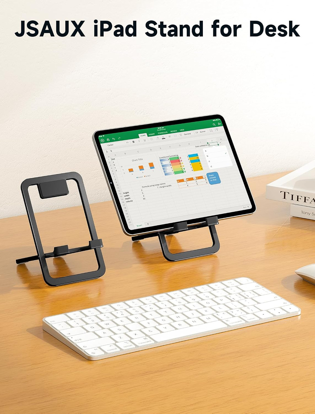 Tablet Stand, Adjustable Fold-Flat Holder, Alloy, Black, Compatible with iPads