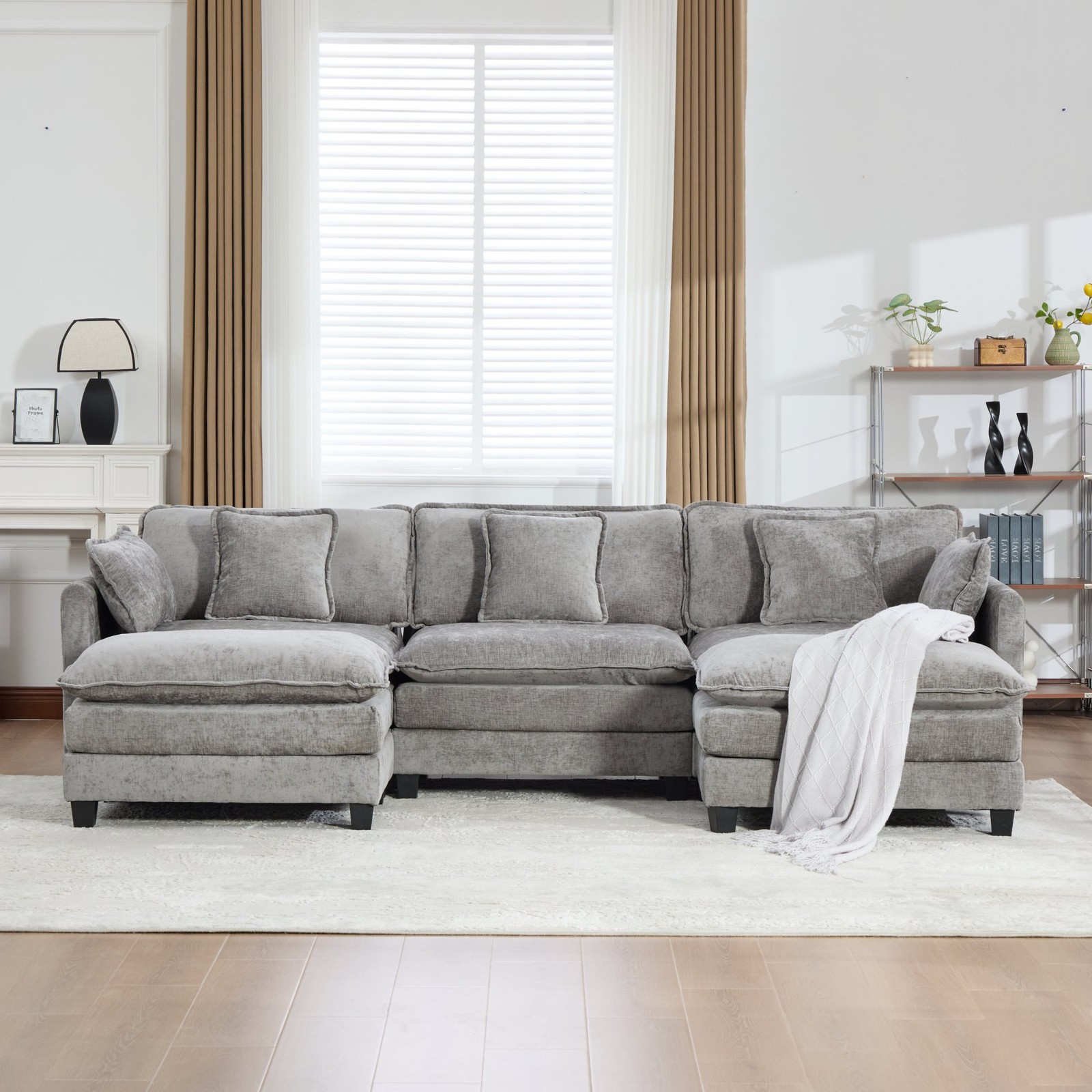 3-Seat Sectional Sofa Cloud Couch, Gray Chenille Fabric Medium-Soft