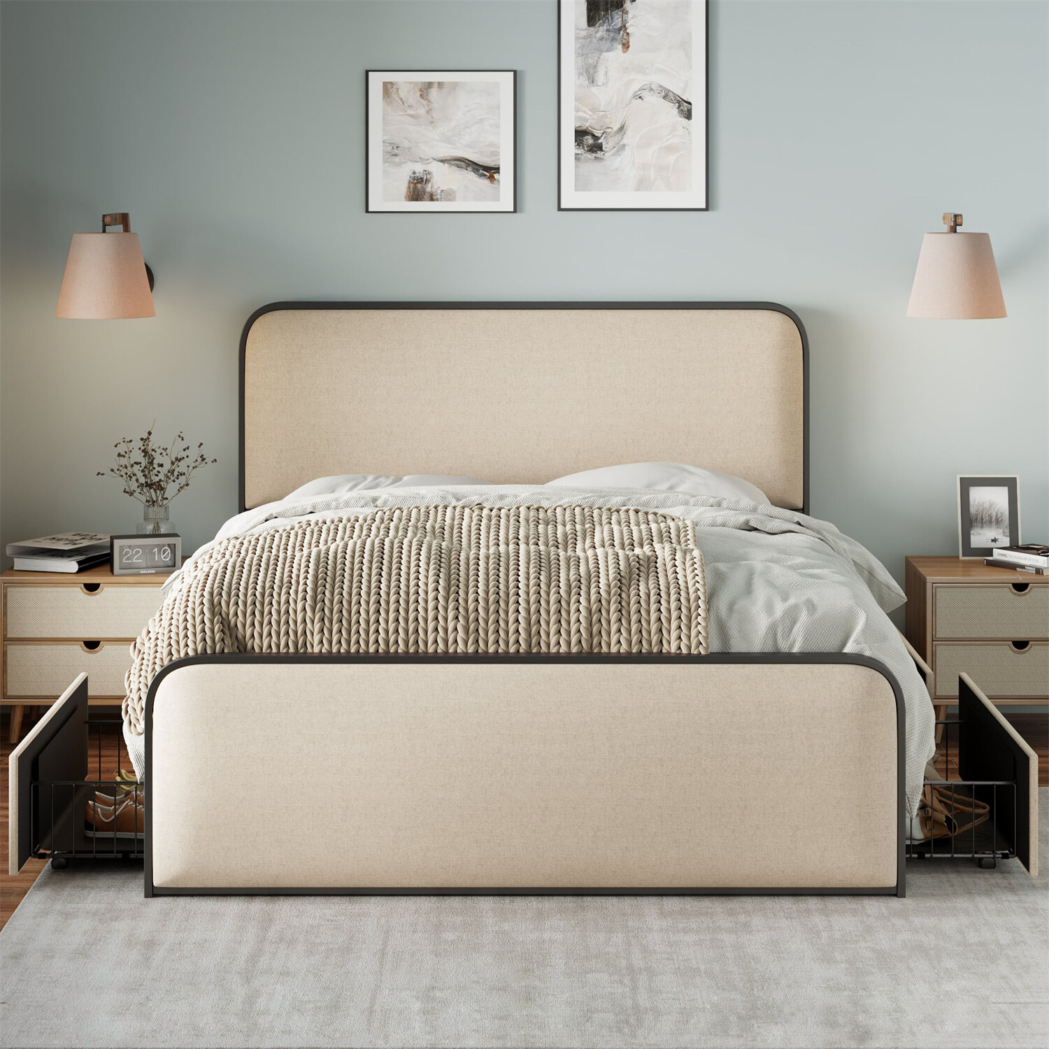 Queen/King Size Bed Frame Metal Platform Bed w/ Headboard & 4 Storage Drawer