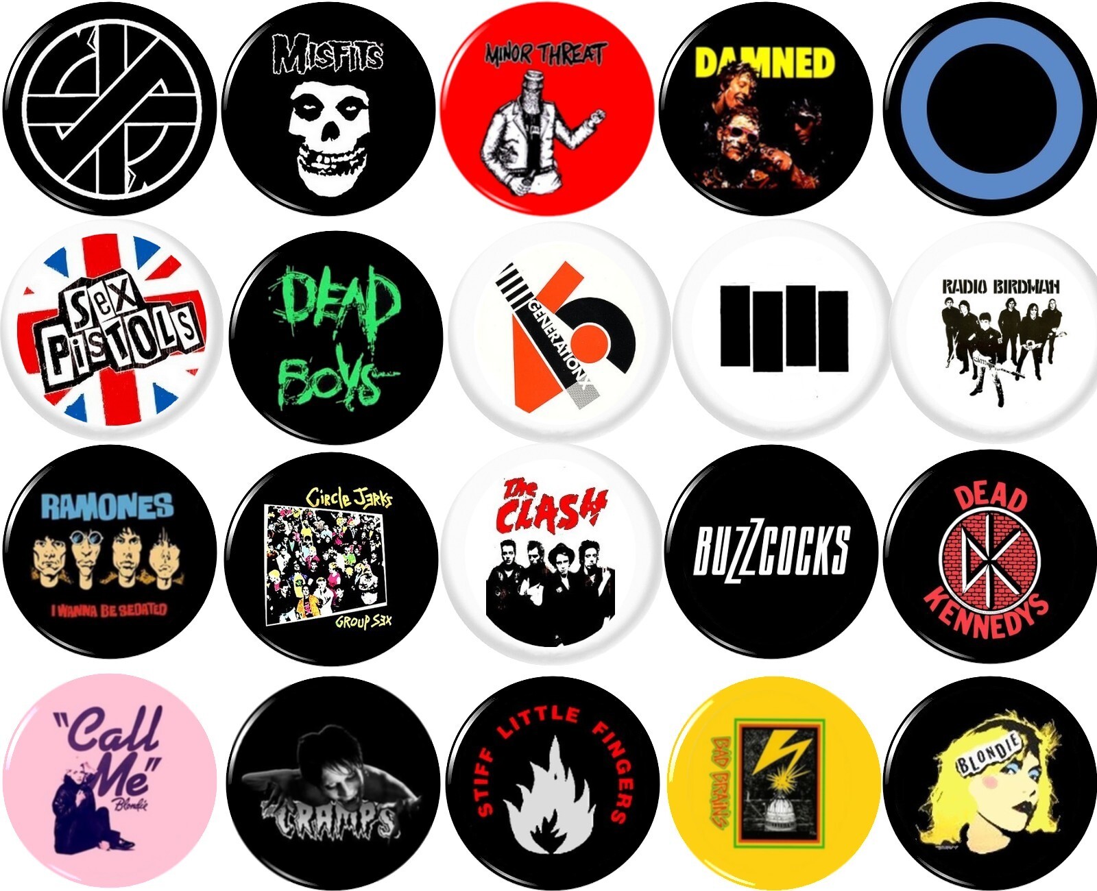 Punk Button pin Set of 20 1" inch badges (25mm) KBD powerpop UK NY new wave Oi