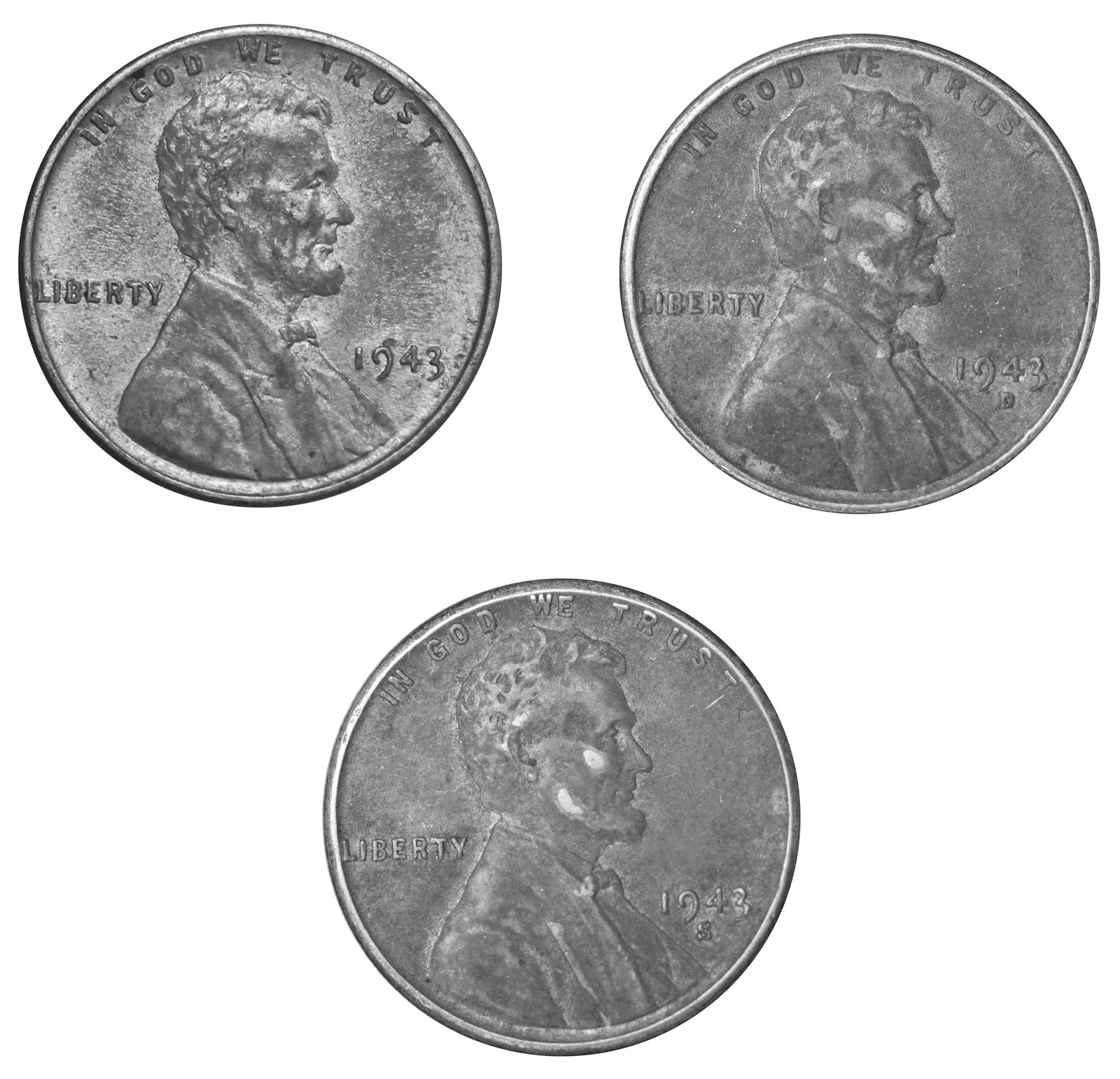 1943 -PDS Lincoln Wheat Cent Penny - Extra Fine, XF WWII Steel US 3 Coin set