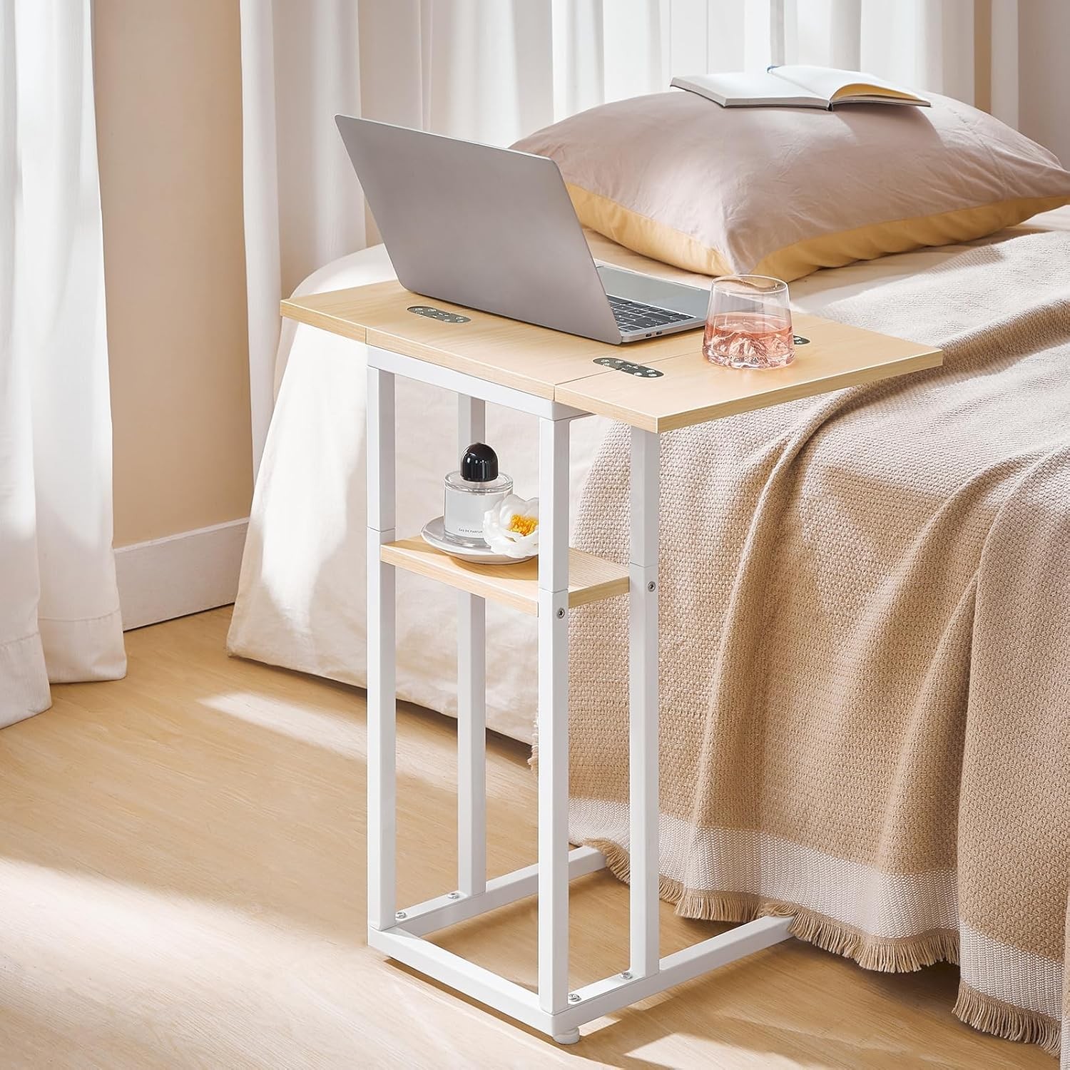 Foldable End Table C Shaped Side Table W/ Storage Shelf Small Snack Table