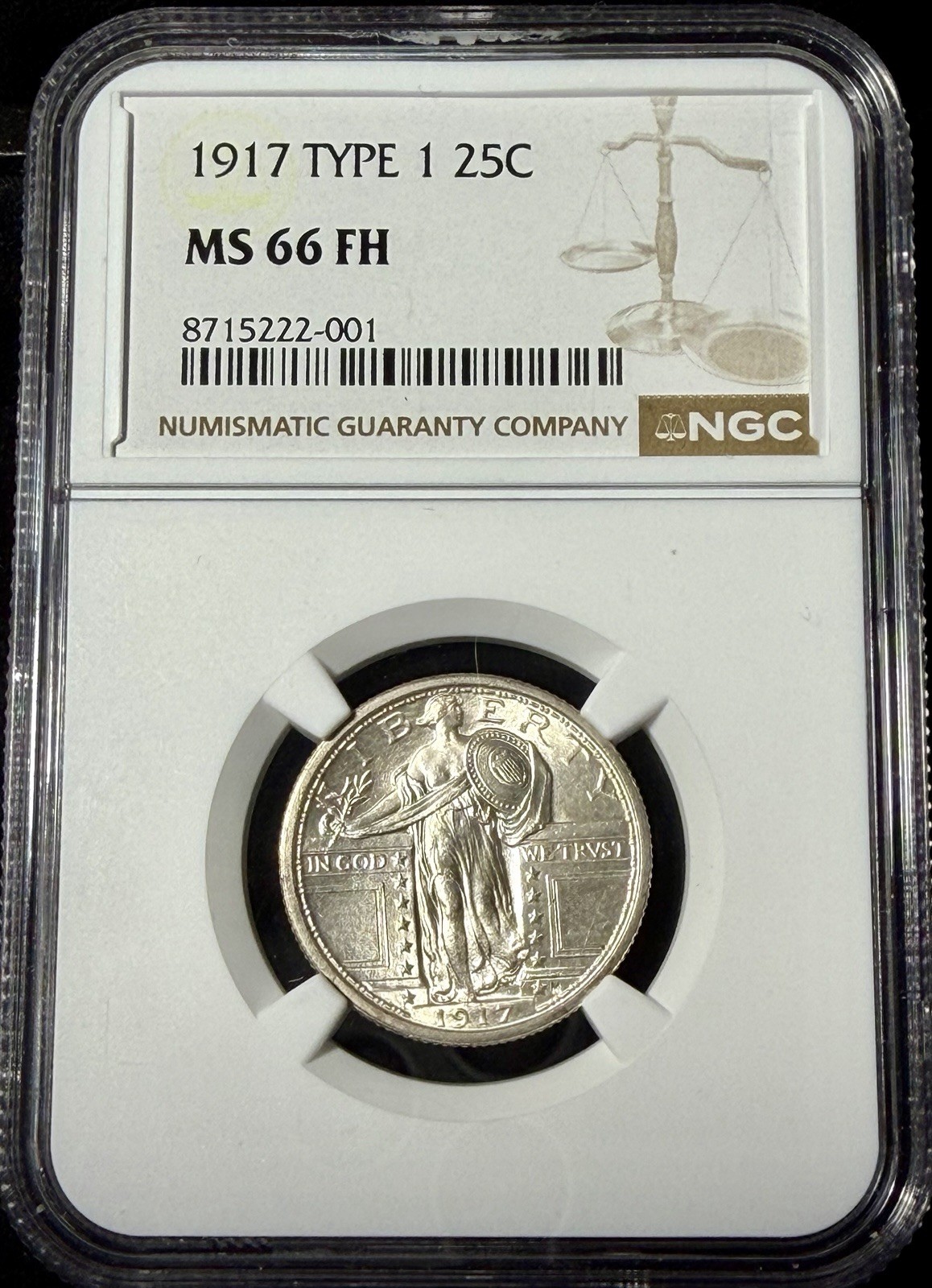 1917 NGC MS66FH Full Head Type 1 T1 Standing Liberty Quarter 25c