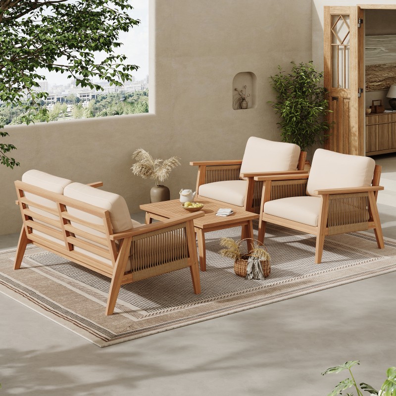 4-Piece Acacia Wood Rope Outdoor Patio Furniture Set – Beige Woven All-Weather
