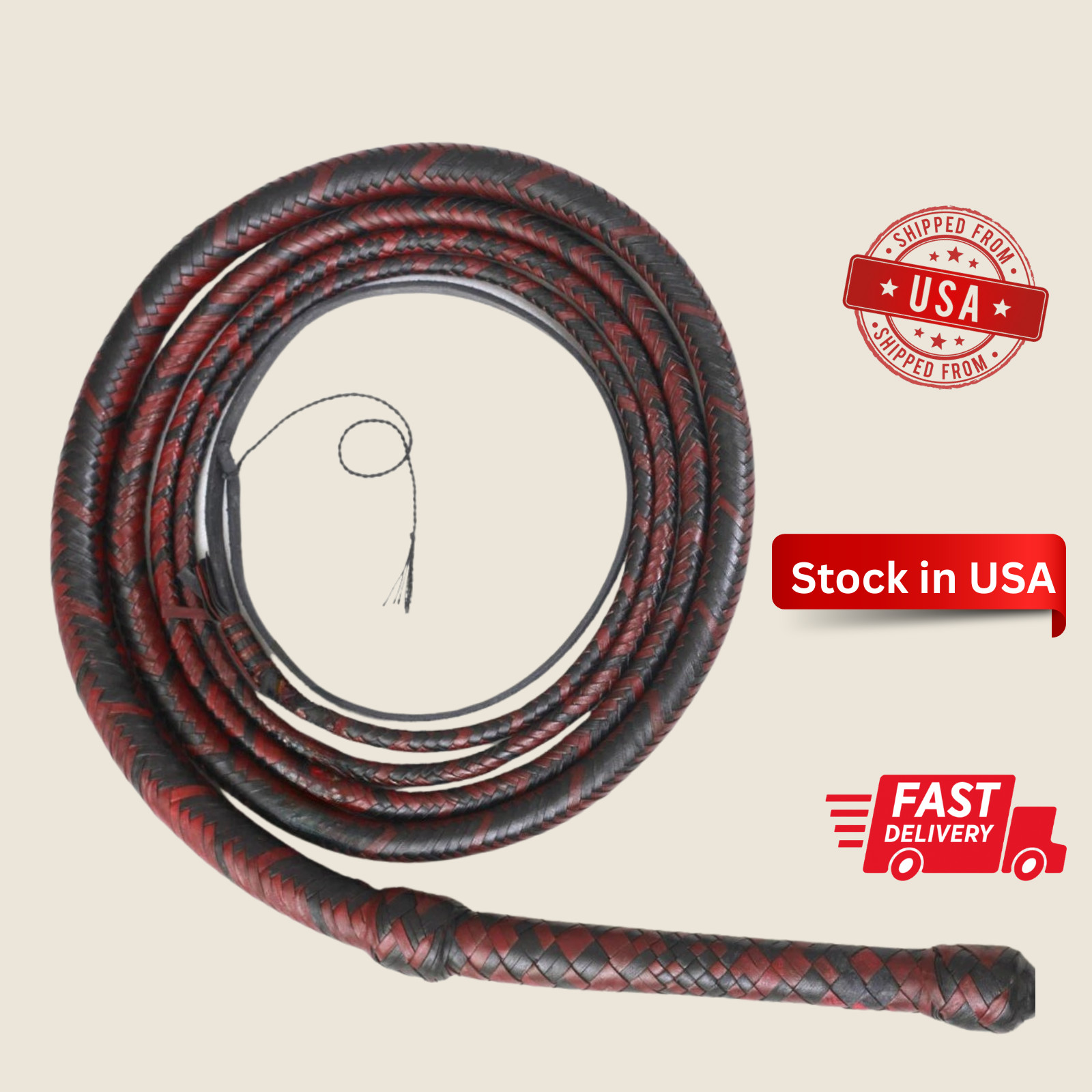 Indiana Jones Bullwhip 16 Plait Real  Leather 4-16ft Black and Red Cowhide