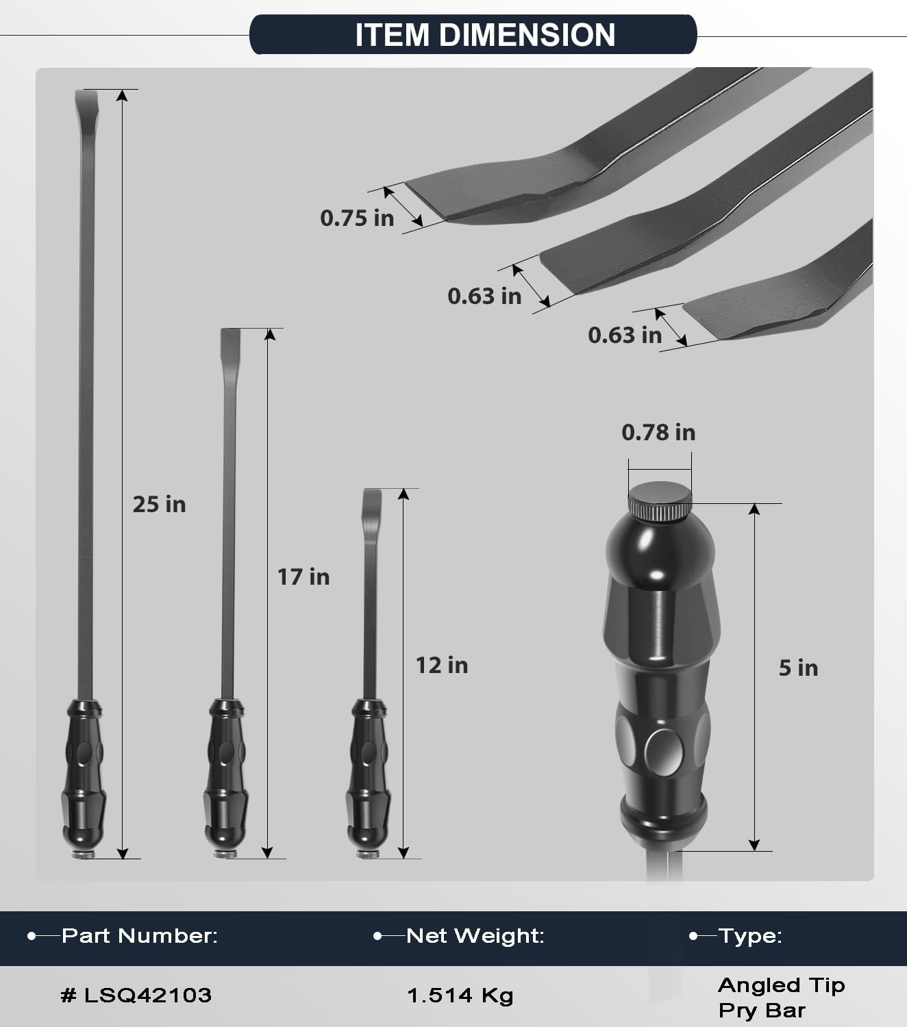 Angled End Handled Pry Bar with Striking Cap Set Steel 12, 17, 25 in. Heavy Duty