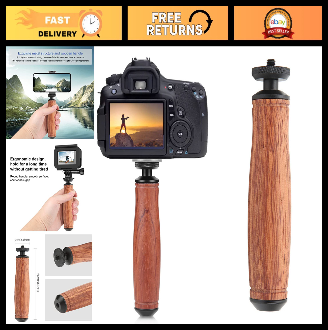 Universal Wooden Camera Handle Grip - Pear Wood Design, 1/4" Screw Hole for Came