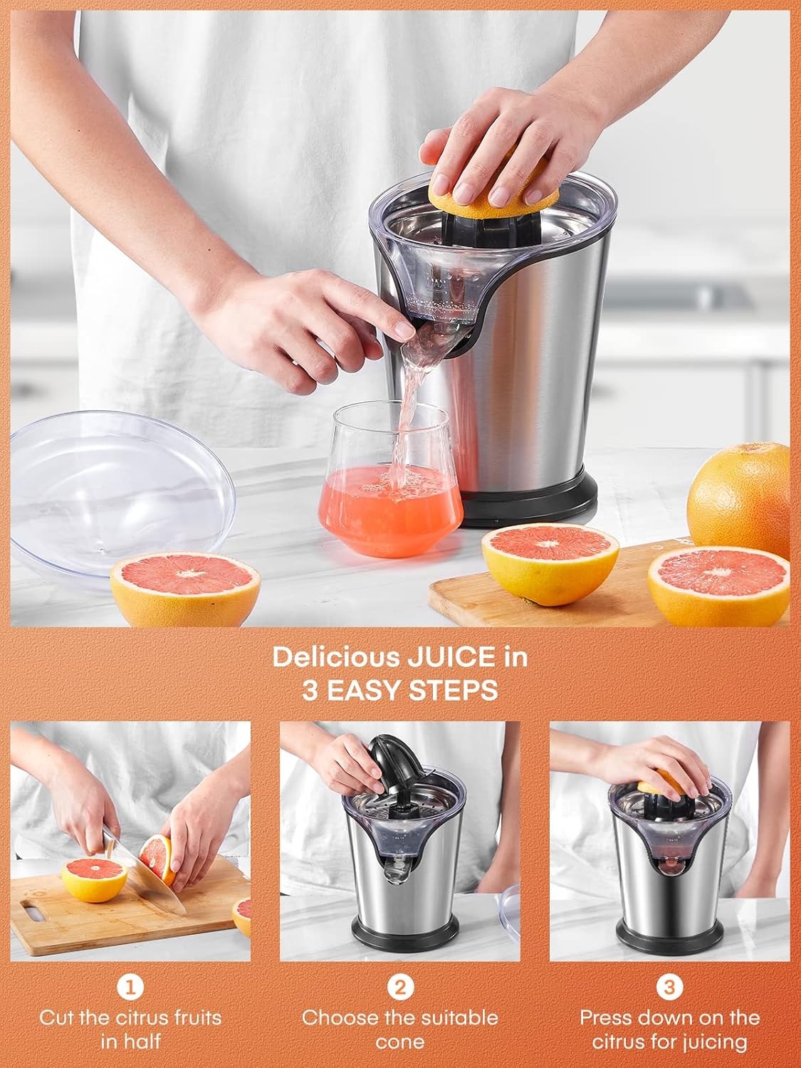 FOHERE Orange Juicer Squeezer Electric Citrus Juicer with Two Interchangeable Co