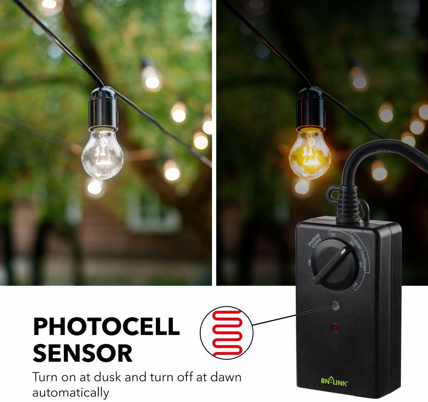 BN-LINK Outdoor Plug In Timer Switch Photocell Sensor Function Two Outlets