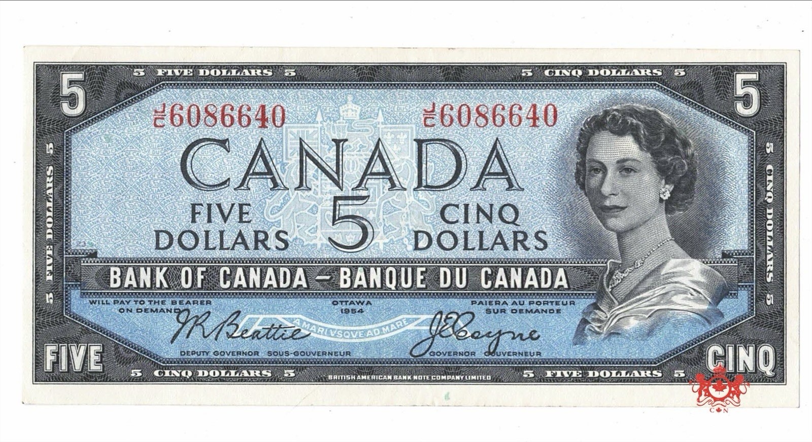 1954 Bank Of Canada 5$ Beattie/Coyne Modified J/C6086640 - AU/UNC - BC-39a
